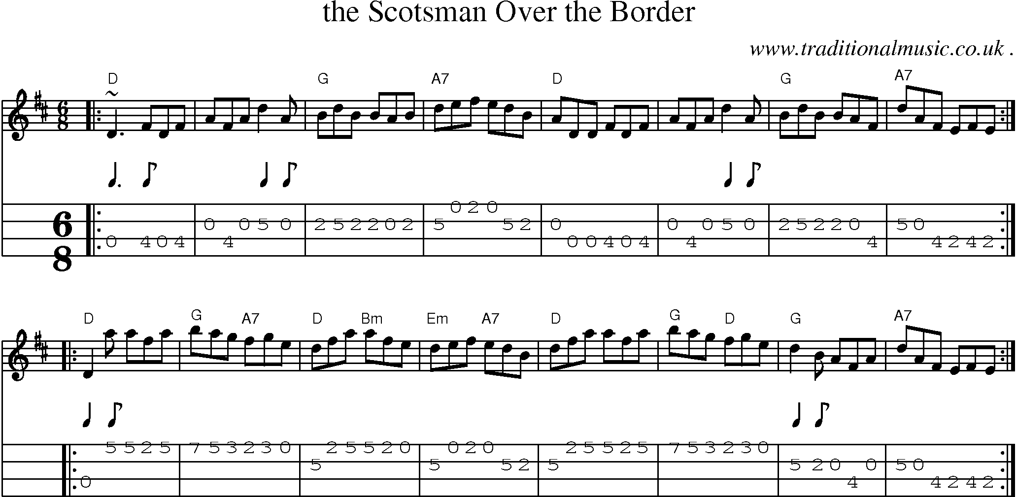 Sheet-music  score, Chords and Mandolin Tabs for The Scotsman Over The Border