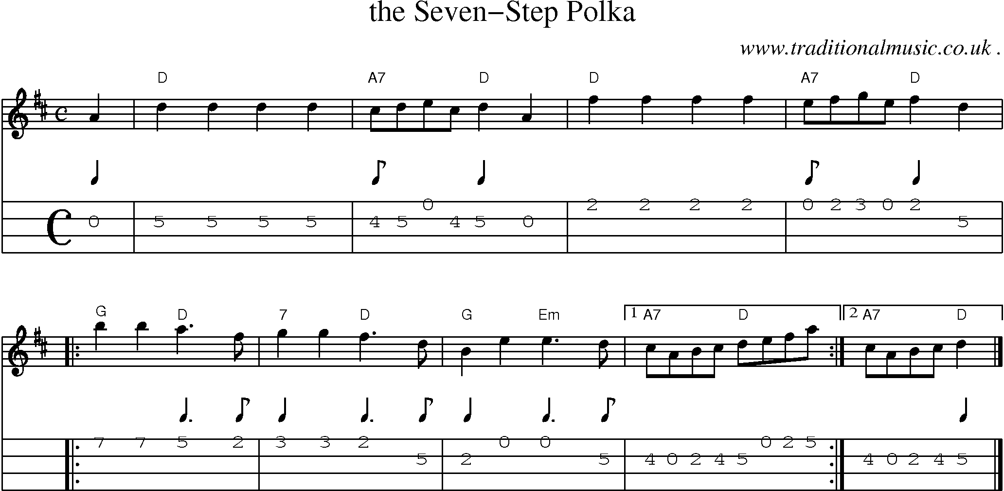 Sheet-music  score, Chords and Mandolin Tabs for The Seven-step Polka