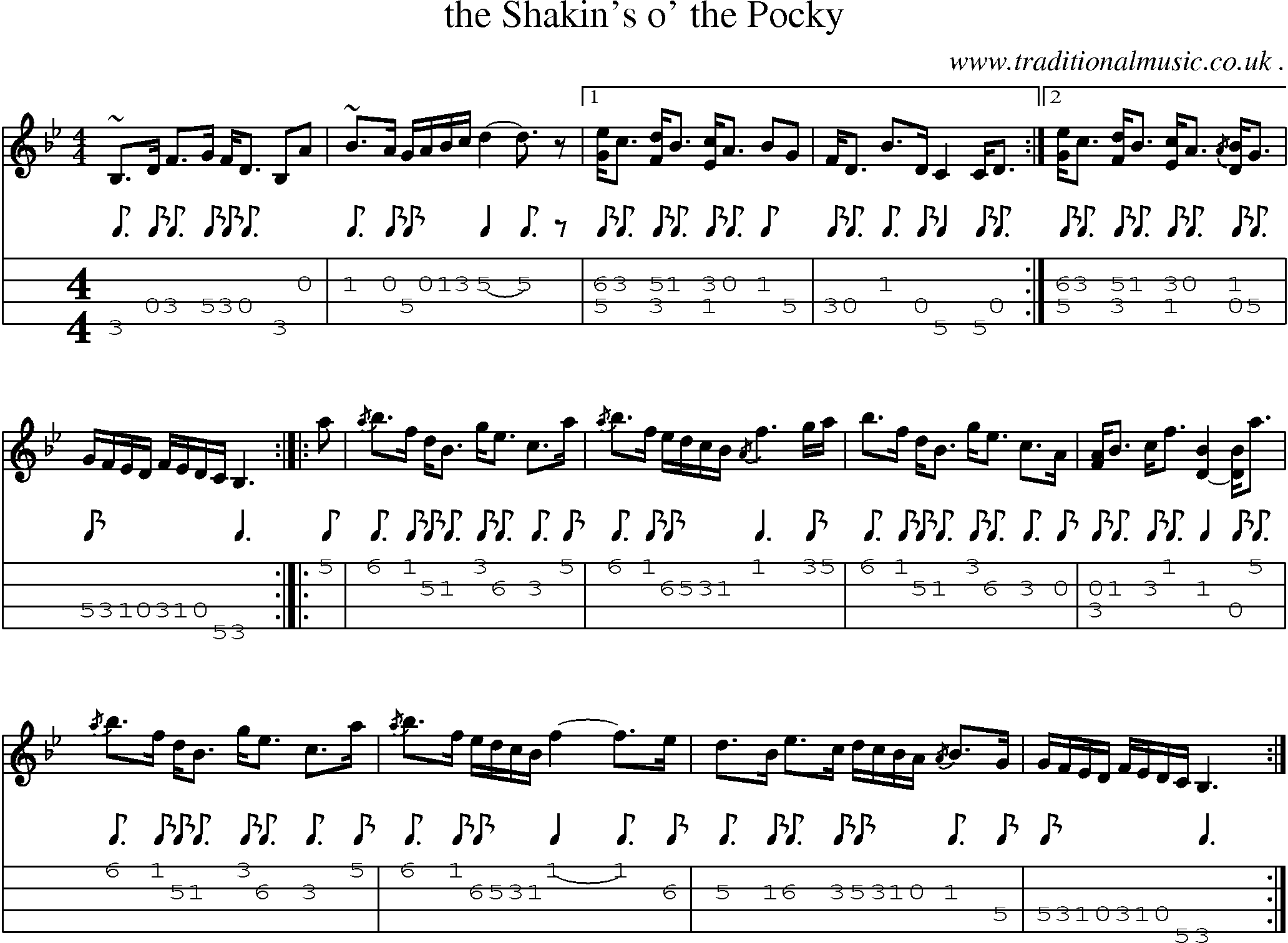 Sheet-music  score, Chords and Mandolin Tabs for The Shakins O The Pocky