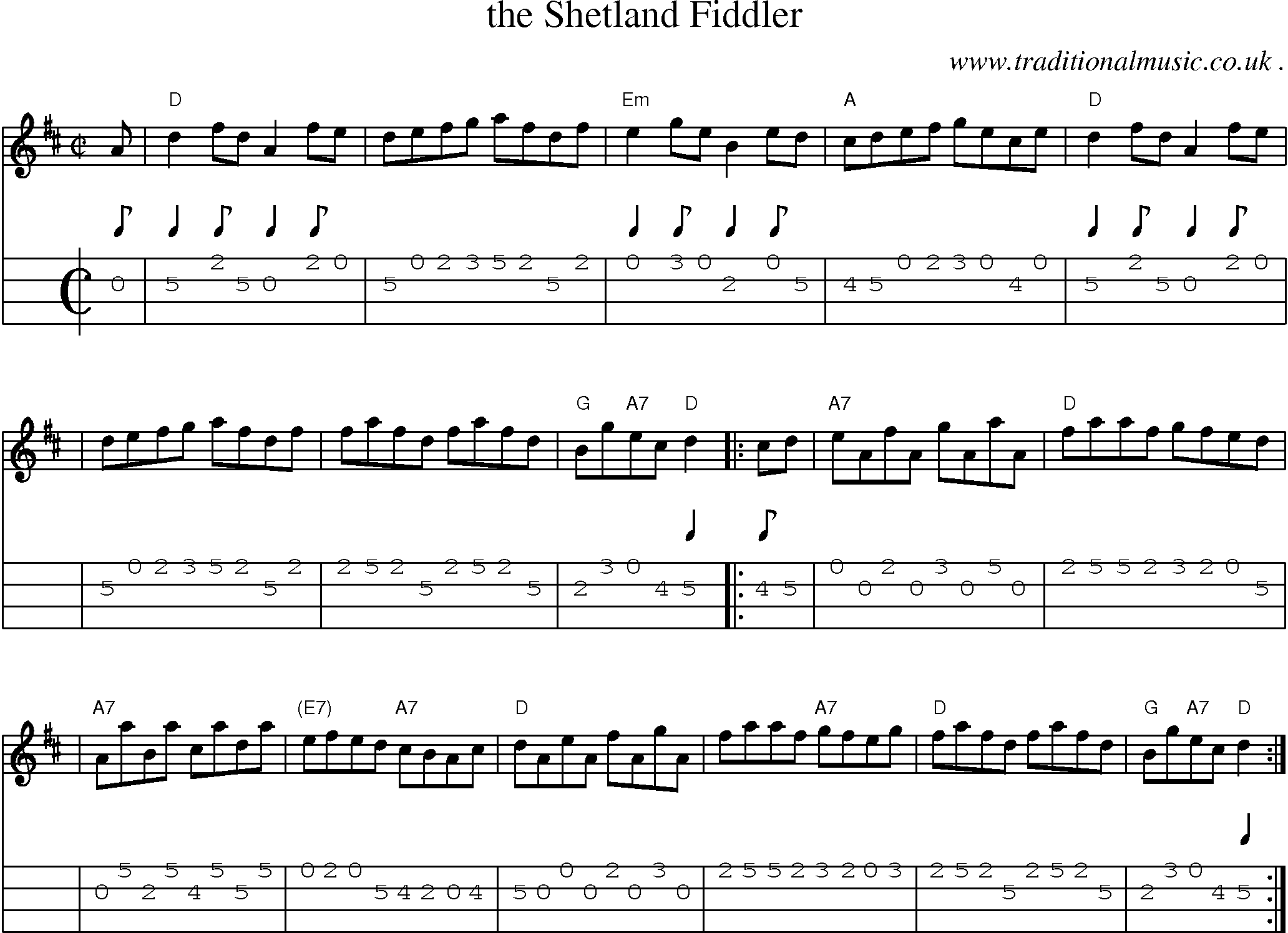 Sheet-music  score, Chords and Mandolin Tabs for The Shetland Fiddler