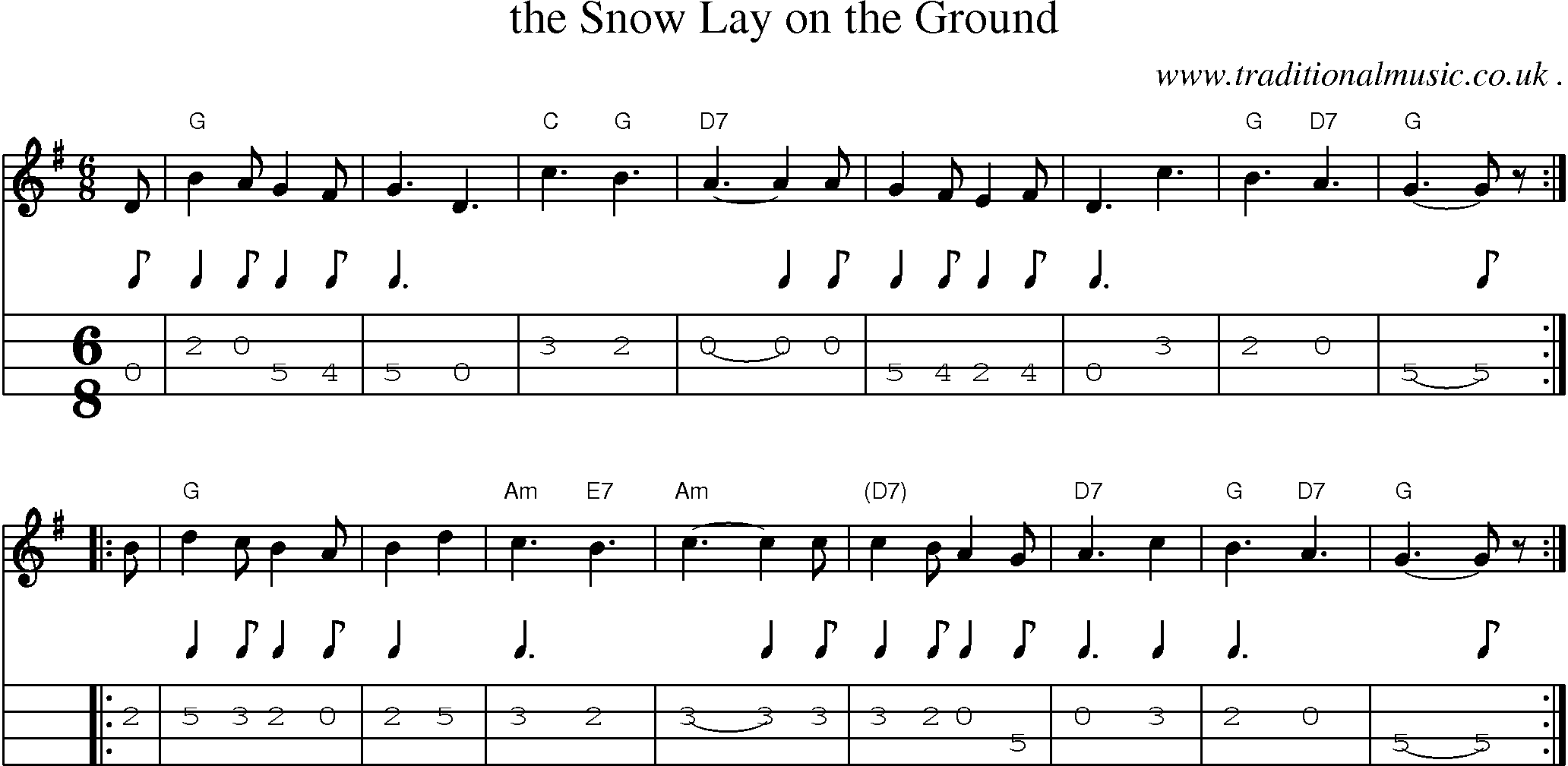 Sheet-music  score, Chords and Mandolin Tabs for The Snow Lay On The Ground
