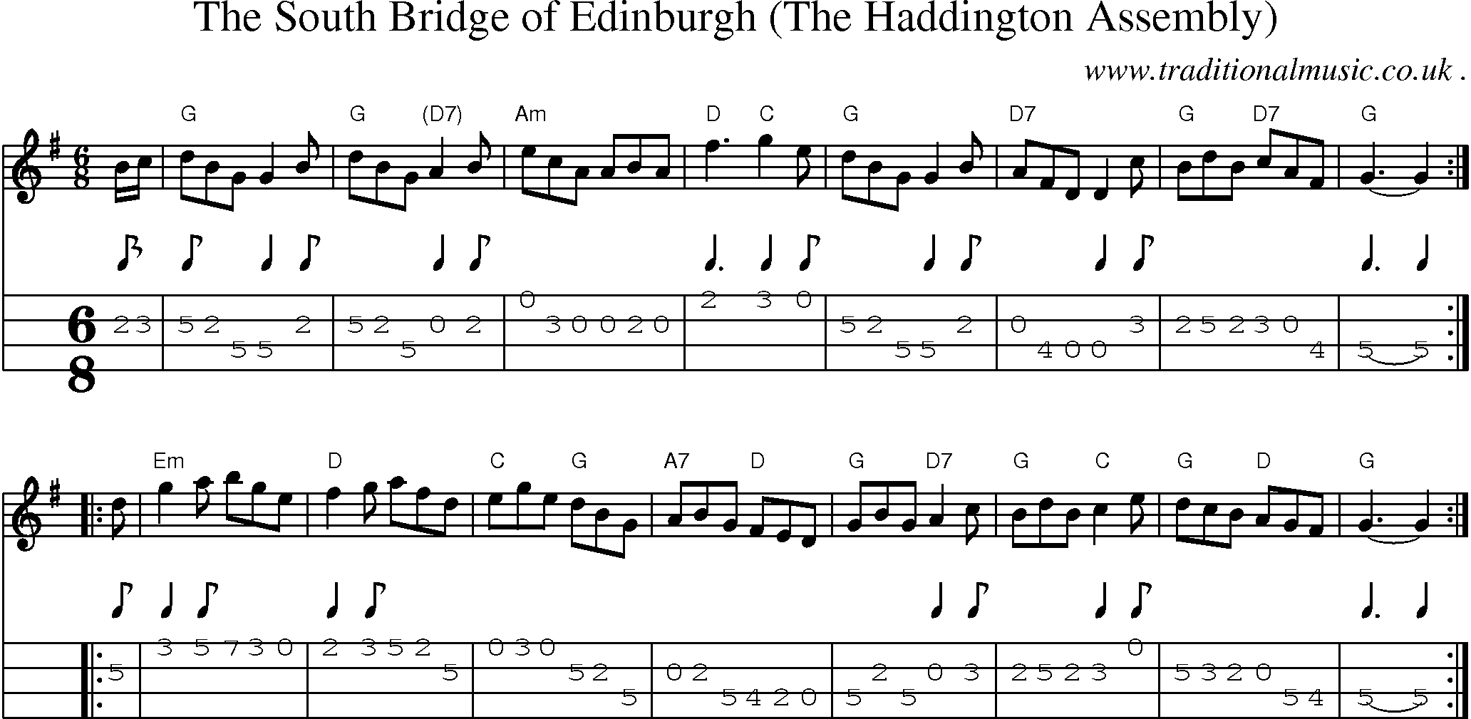 Sheet-music  score, Chords and Mandolin Tabs for The South Bridge Of Edinburgh The Haddington Assembly