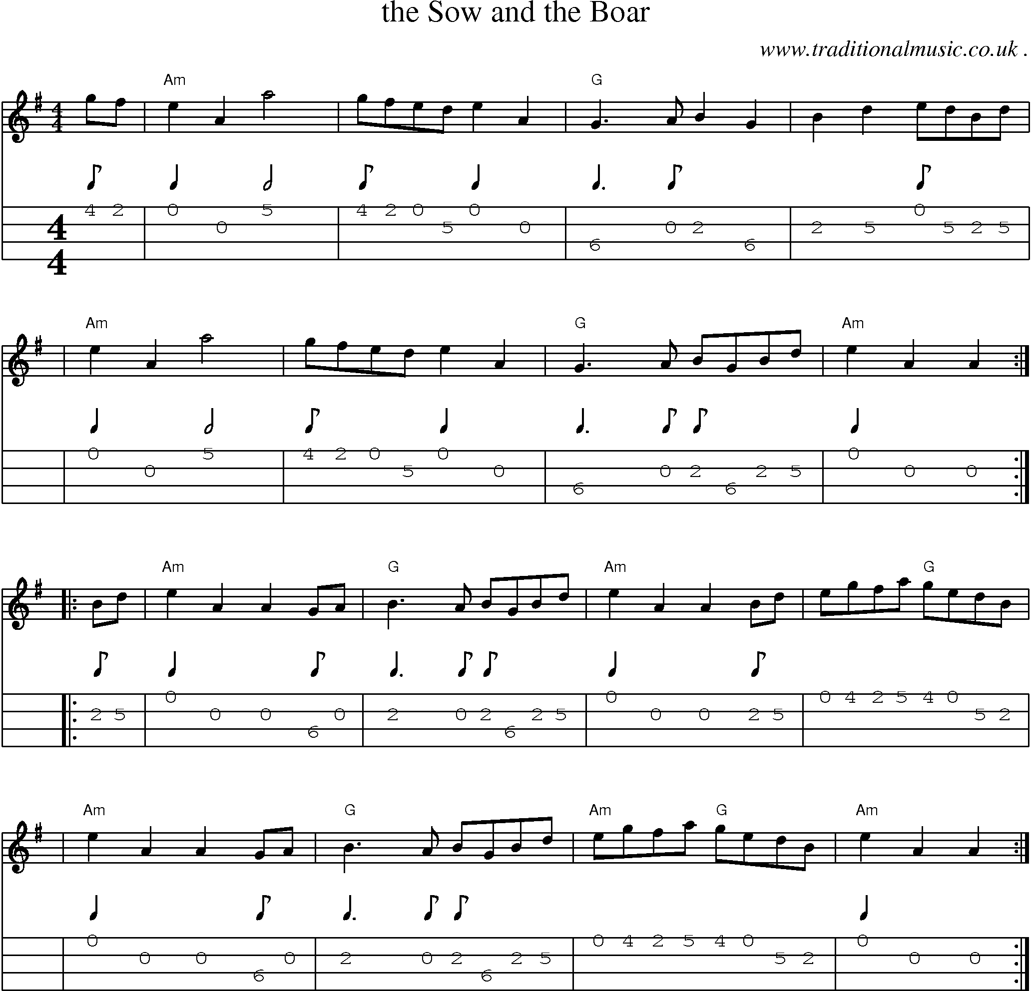 Sheet-music  score, Chords and Mandolin Tabs for The Sow And The Boar
