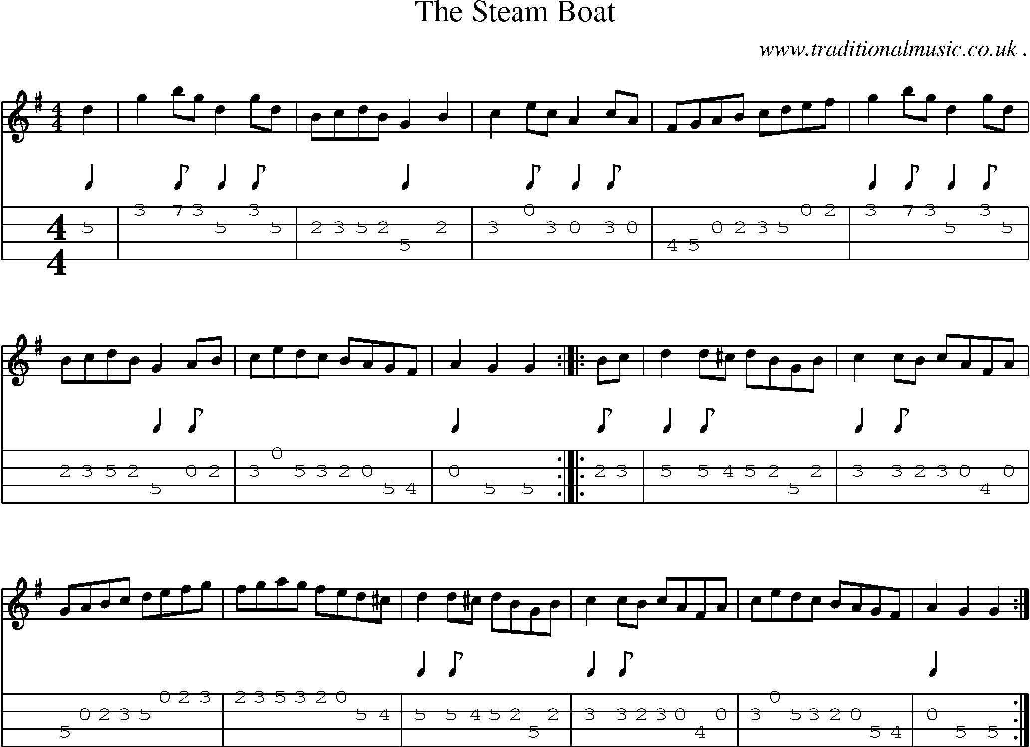 Sheet-music  score, Chords and Mandolin Tabs for The Steam Boat