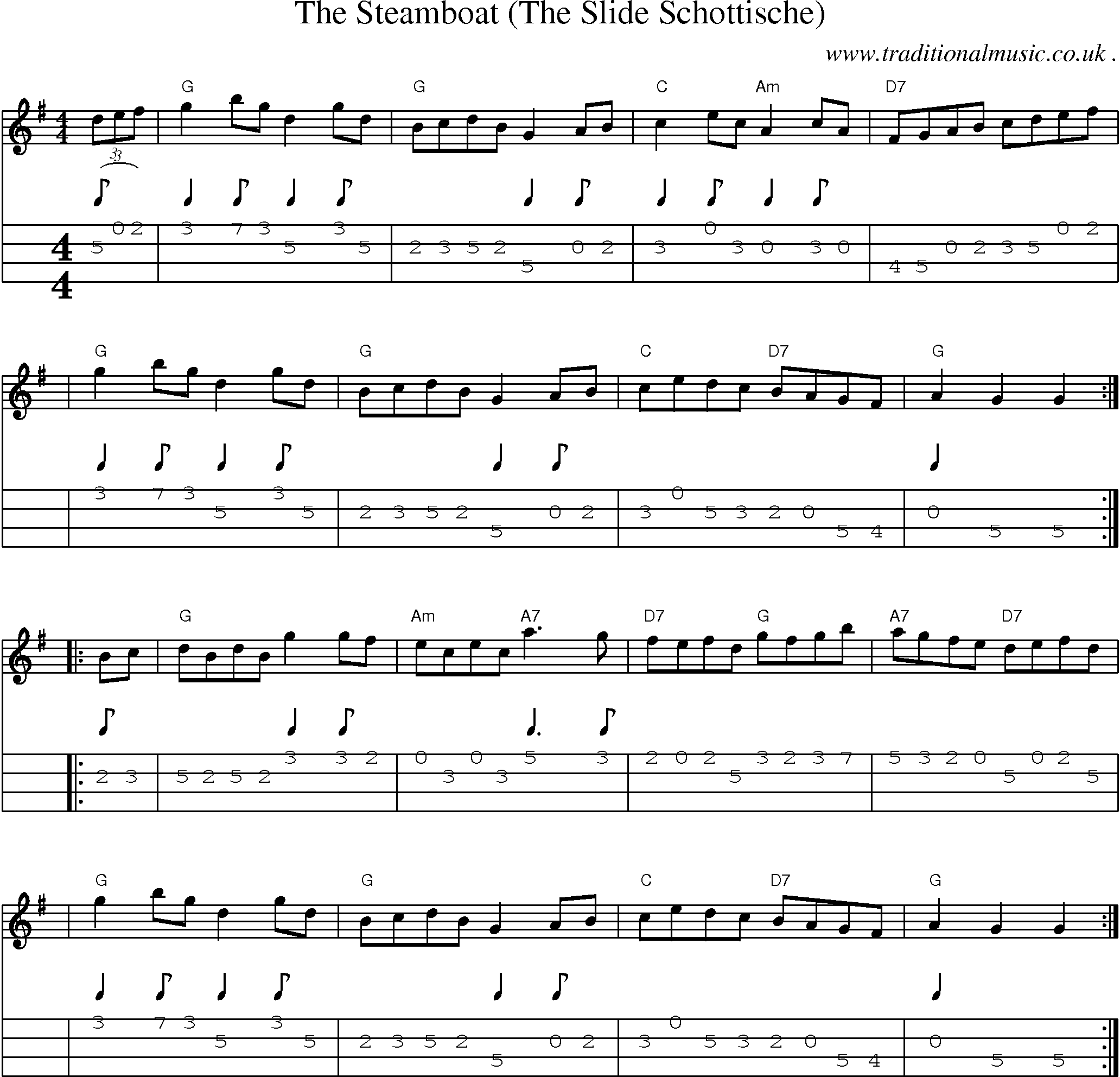 Sheet-music  score, Chords and Mandolin Tabs for The Steamboat The Slide Schottische