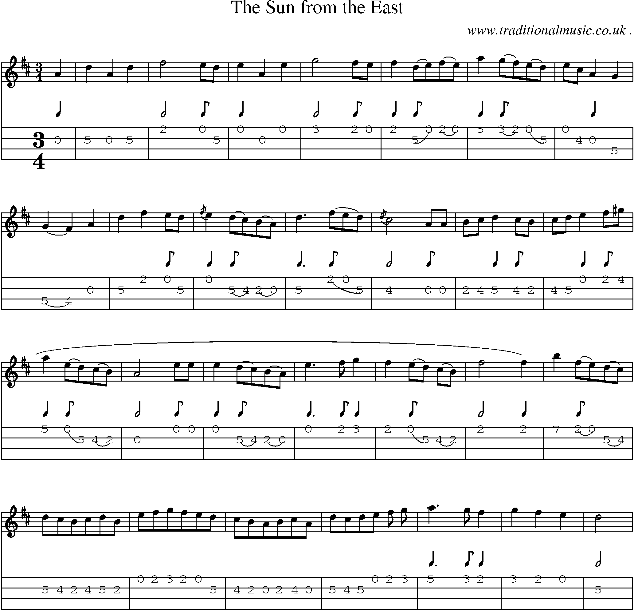 Sheet-music  score, Chords and Mandolin Tabs for The Sun From The East