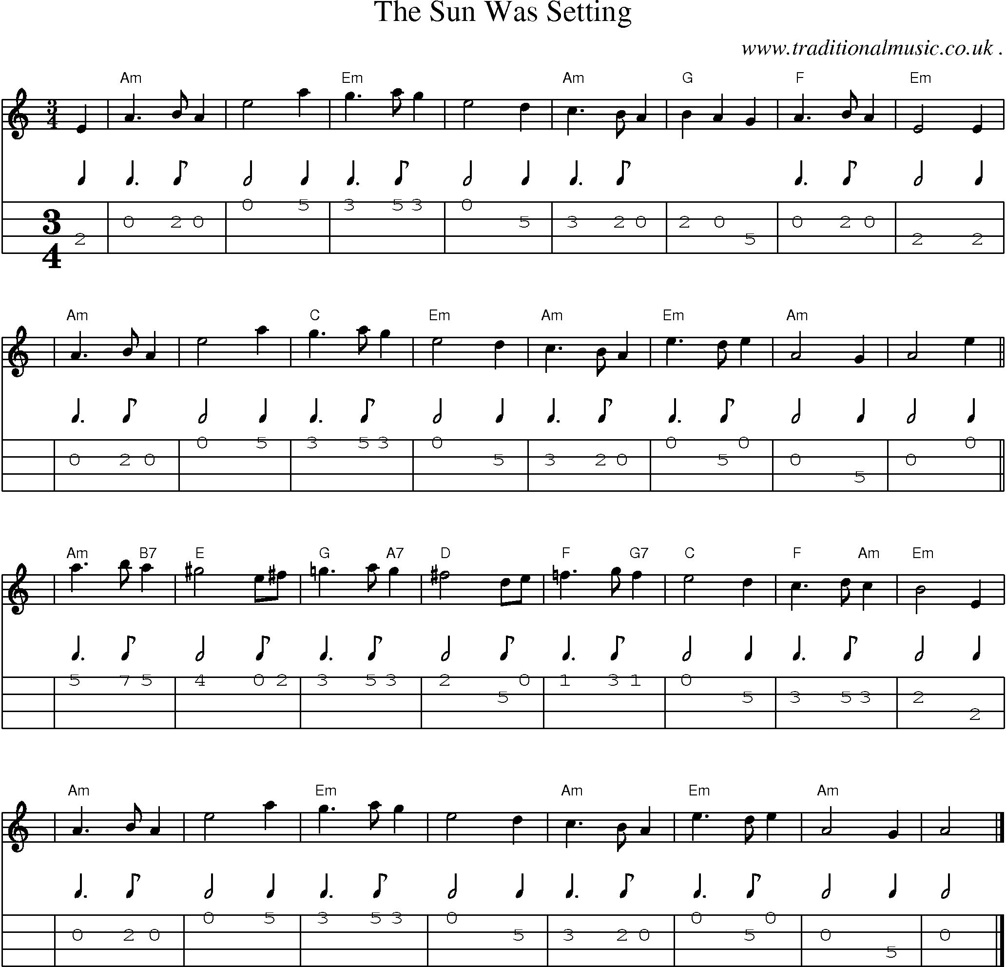 Sheet-music  score, Chords and Mandolin Tabs for The Sun Was Setting