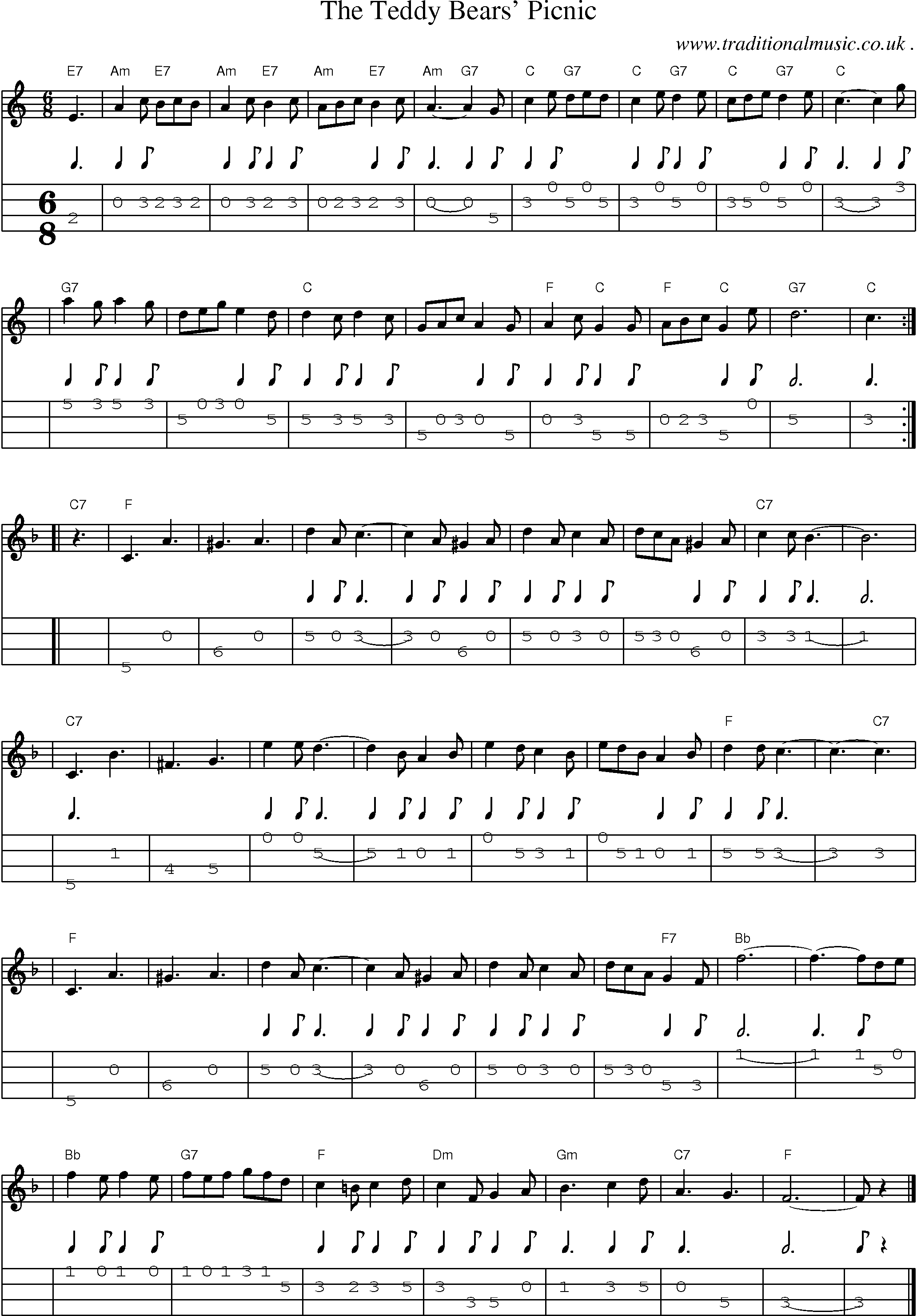 Sheet-music  score, Chords and Mandolin Tabs for The Teddy Bears Picnic