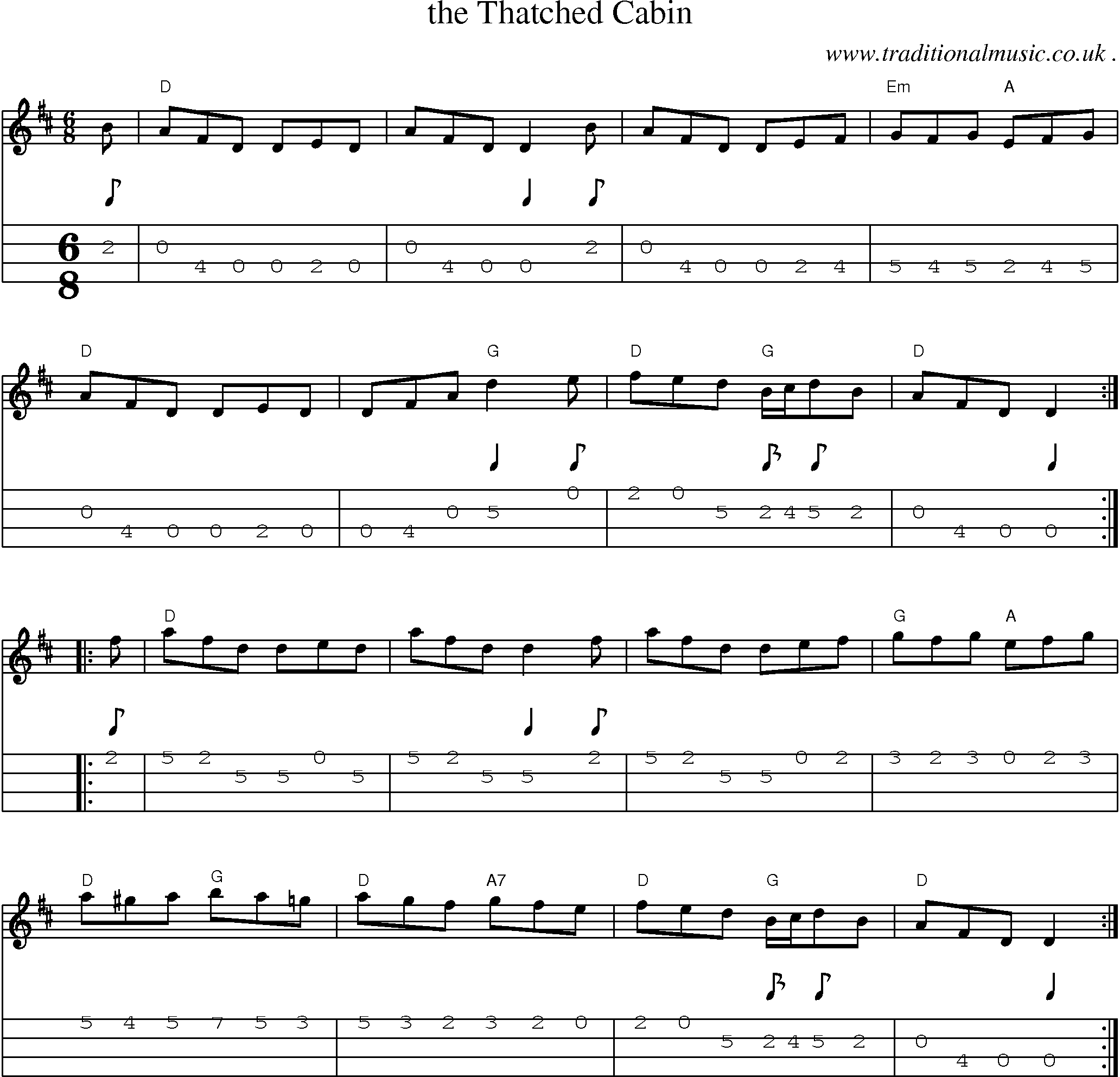 Sheet-music  score, Chords and Mandolin Tabs for The Thatched Cabin