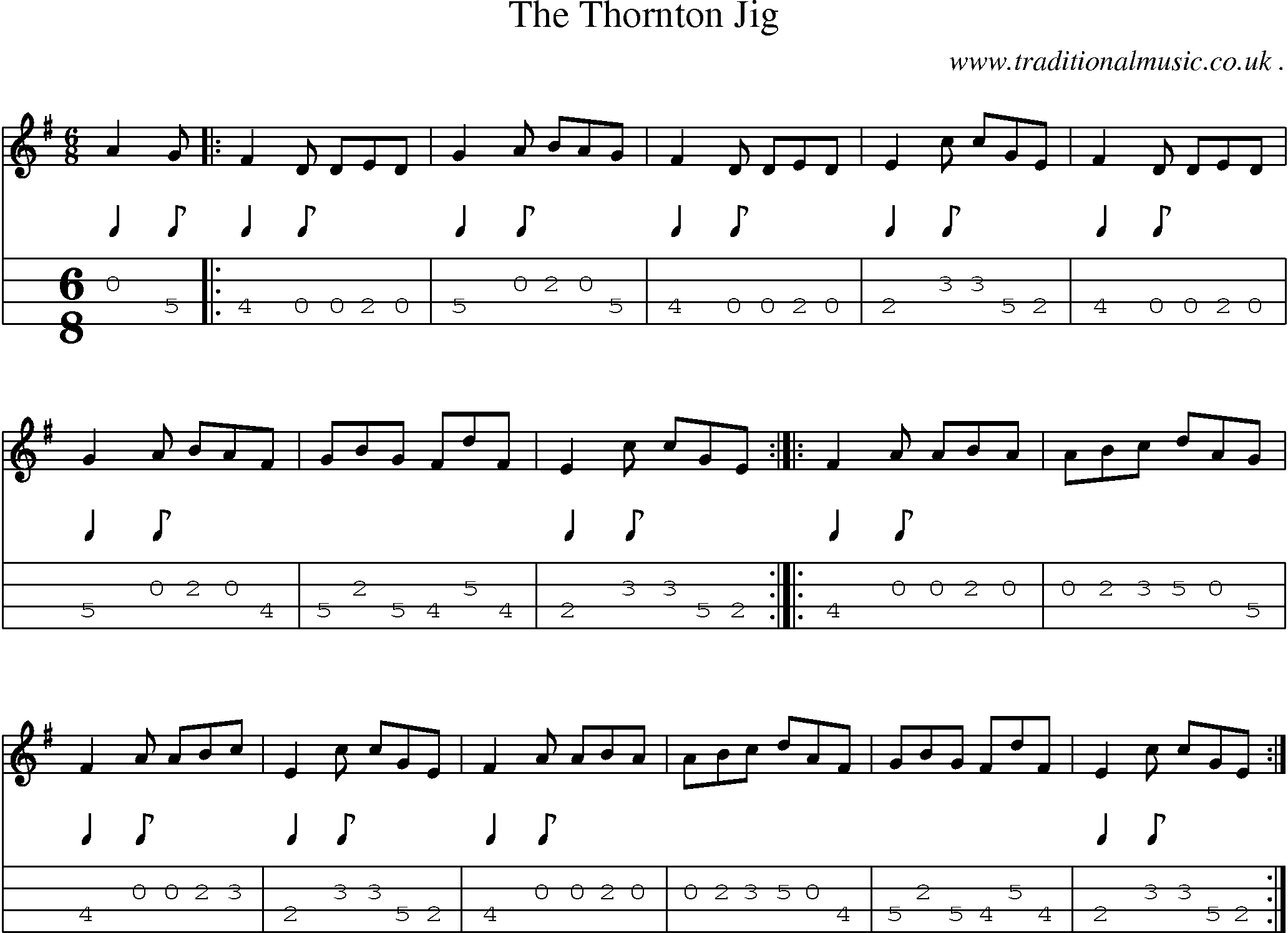 Sheet-music  score, Chords and Mandolin Tabs for The Thornton Jig