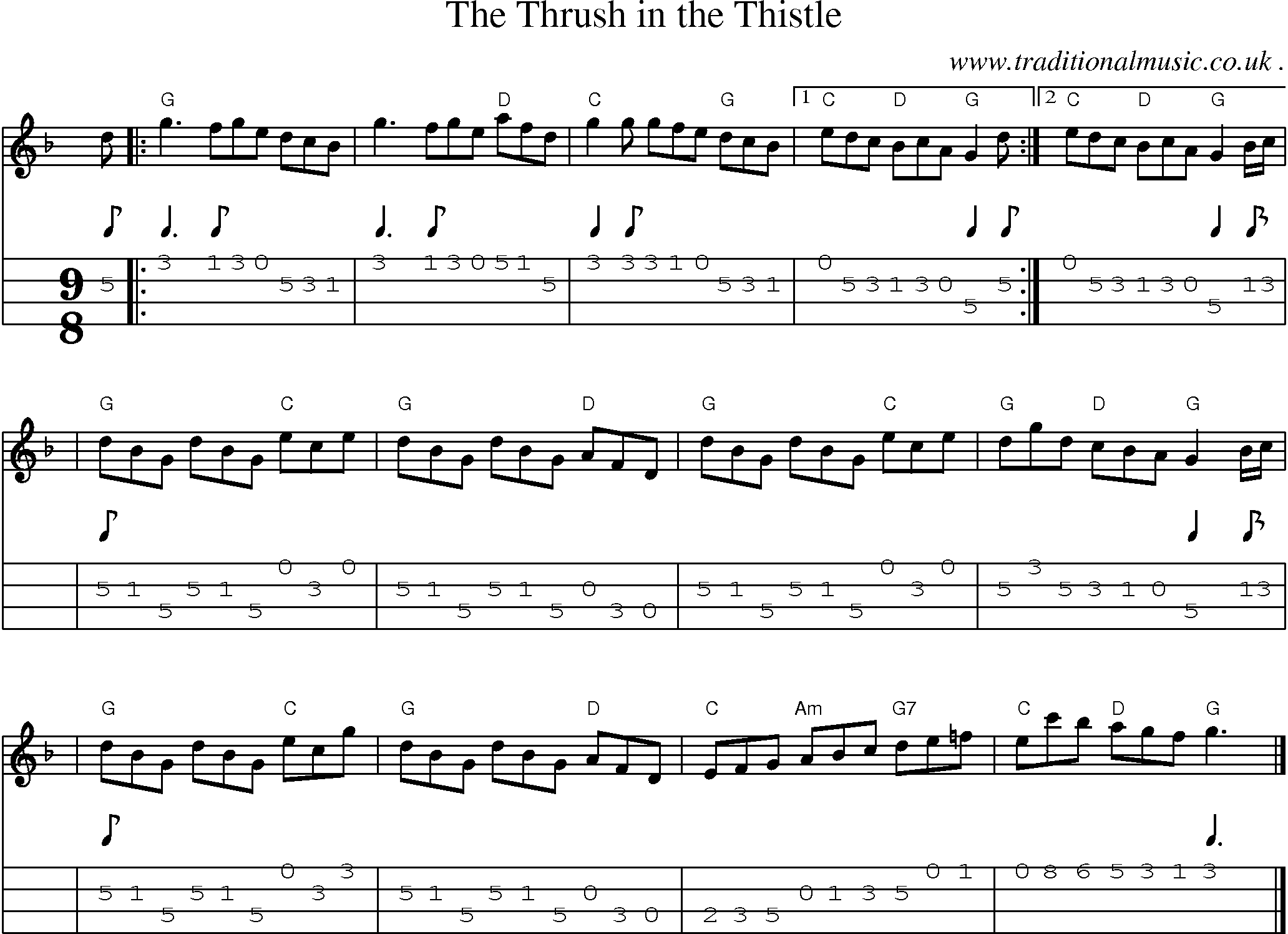 Sheet-music  score, Chords and Mandolin Tabs for The Thrush In The Thistle