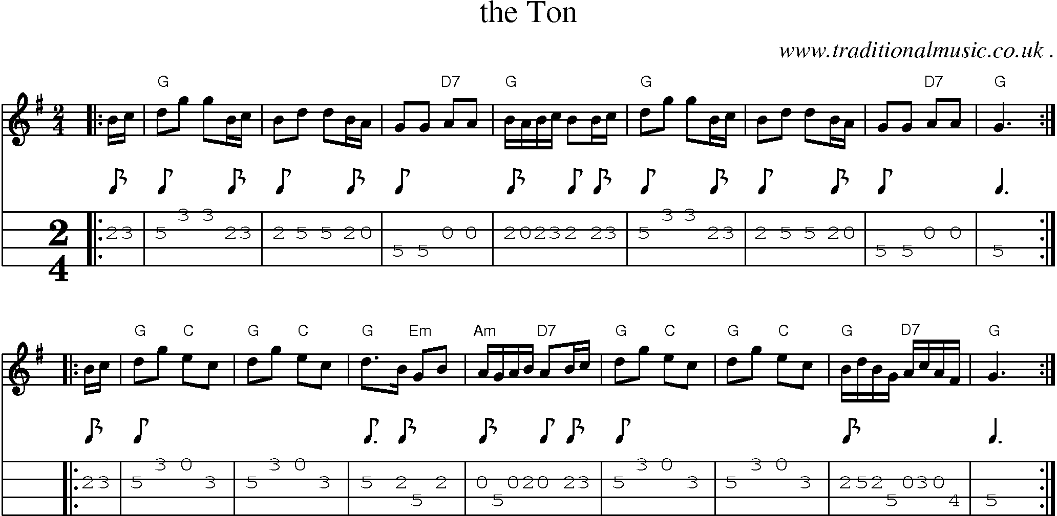 Sheet-music  score, Chords and Mandolin Tabs for The Ton