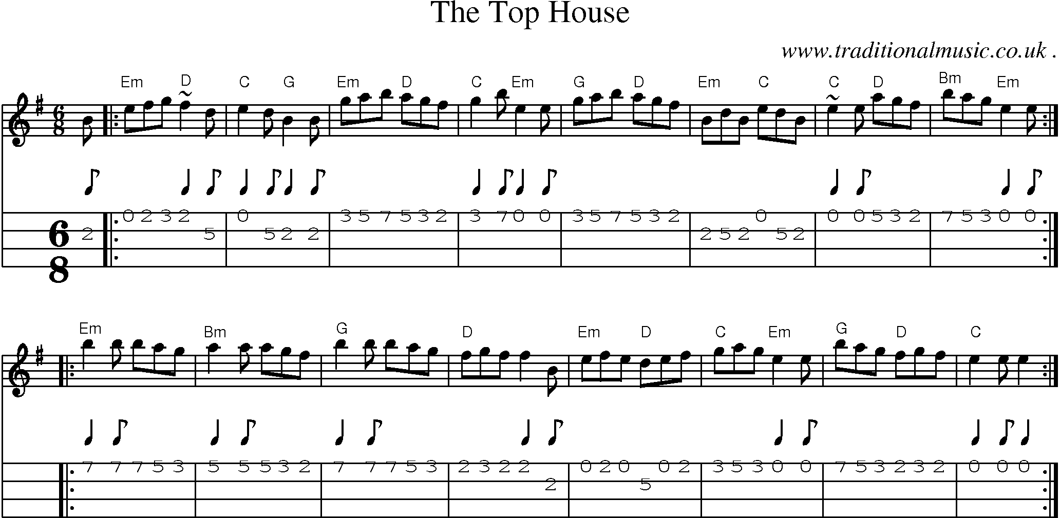 Sheet-music  score, Chords and Mandolin Tabs for The Top House