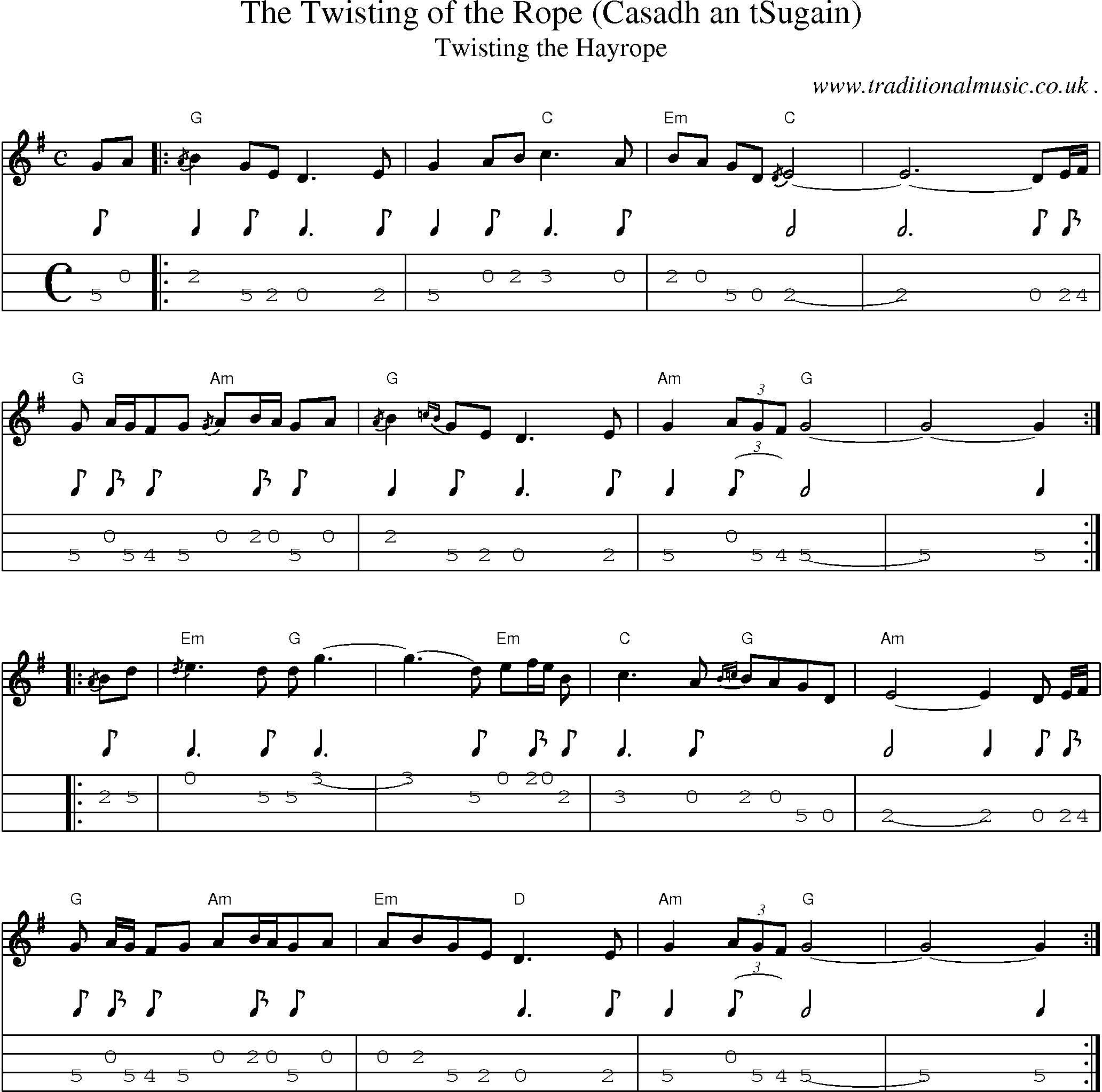 Sheet-music  score, Chords and Mandolin Tabs for The Twisting Of The Rope Casadh An Tsugain