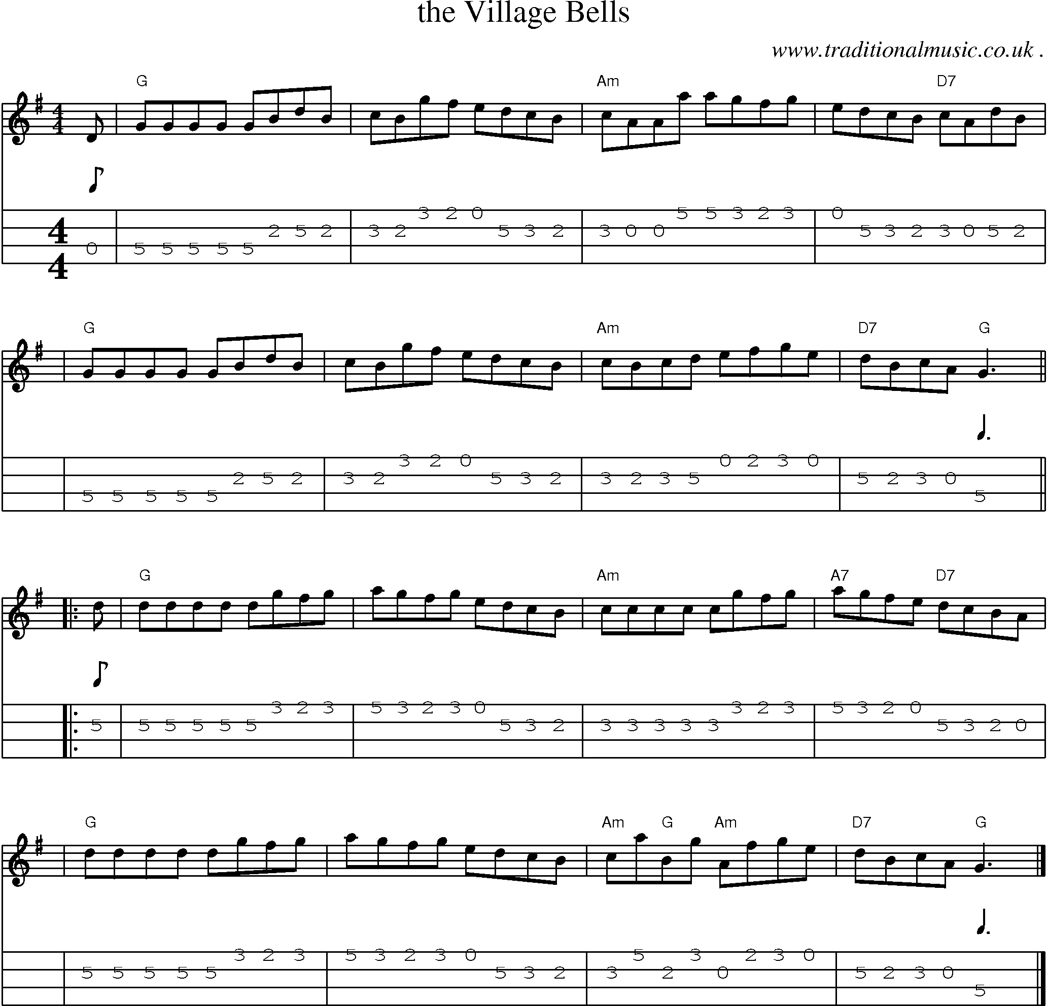 Sheet-music  score, Chords and Mandolin Tabs for The Village Bells