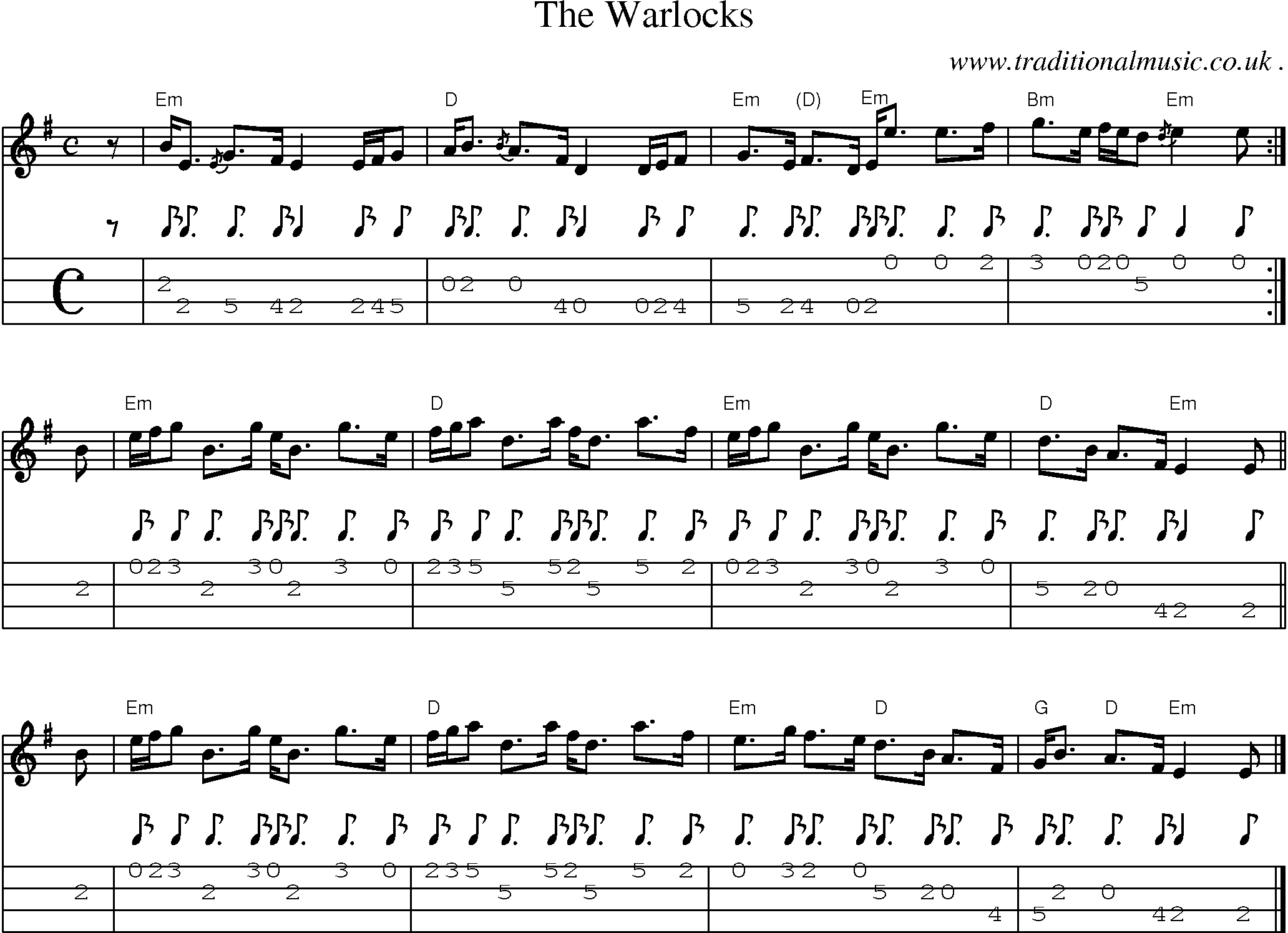 Sheet-music  score, Chords and Mandolin Tabs for The Warlocks