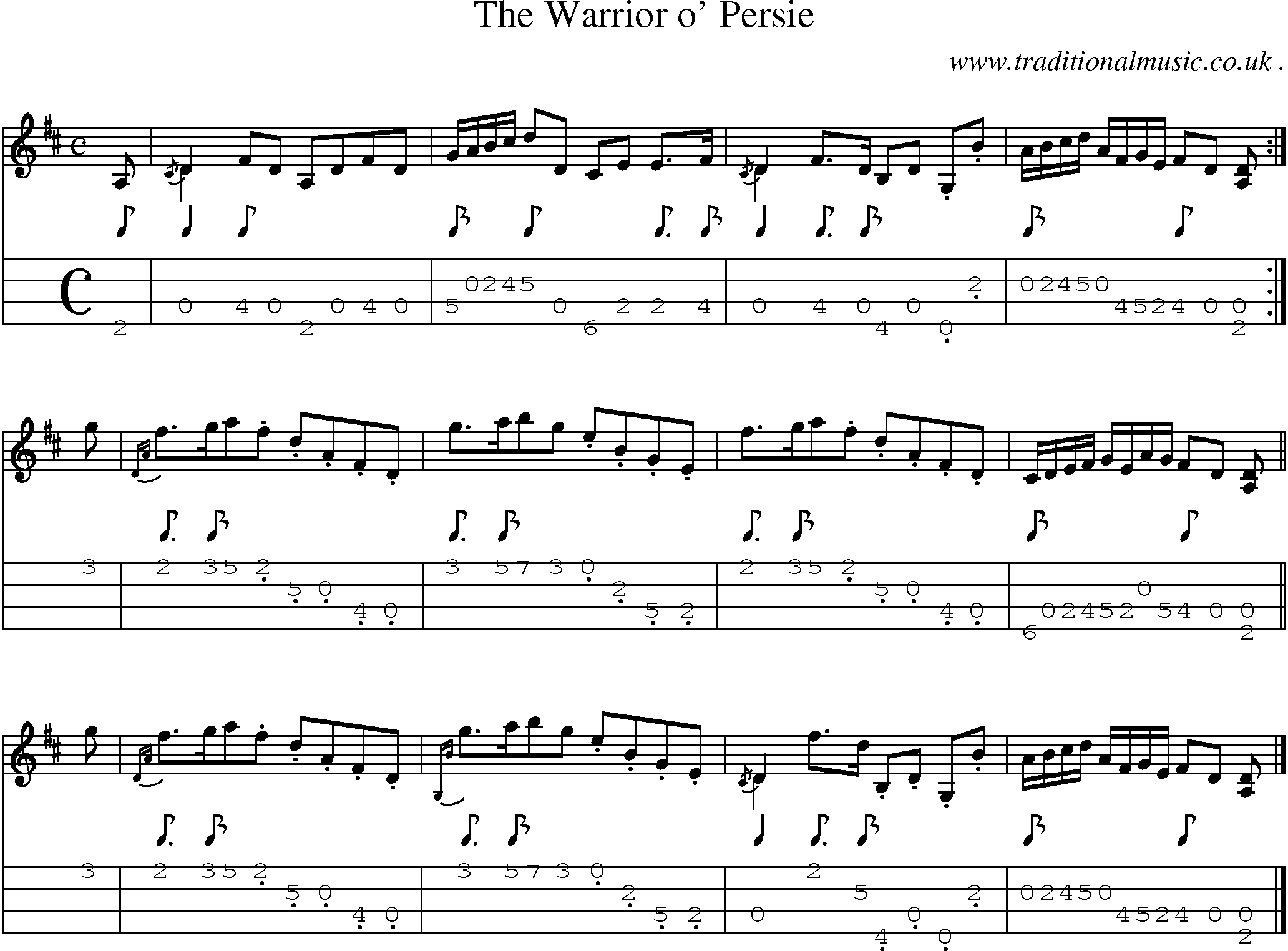 Sheet-music  score, Chords and Mandolin Tabs for The Warrior O Persie