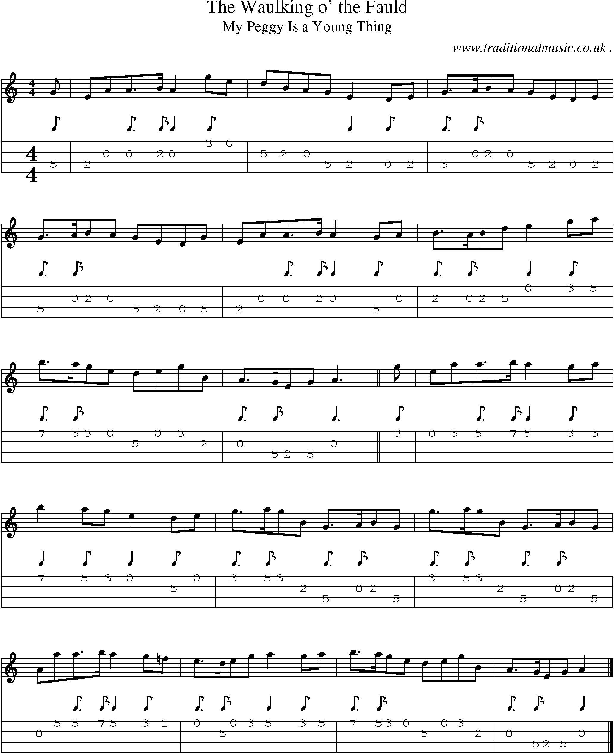 Sheet-music  score, Chords and Mandolin Tabs for The Waulking O The Fauld