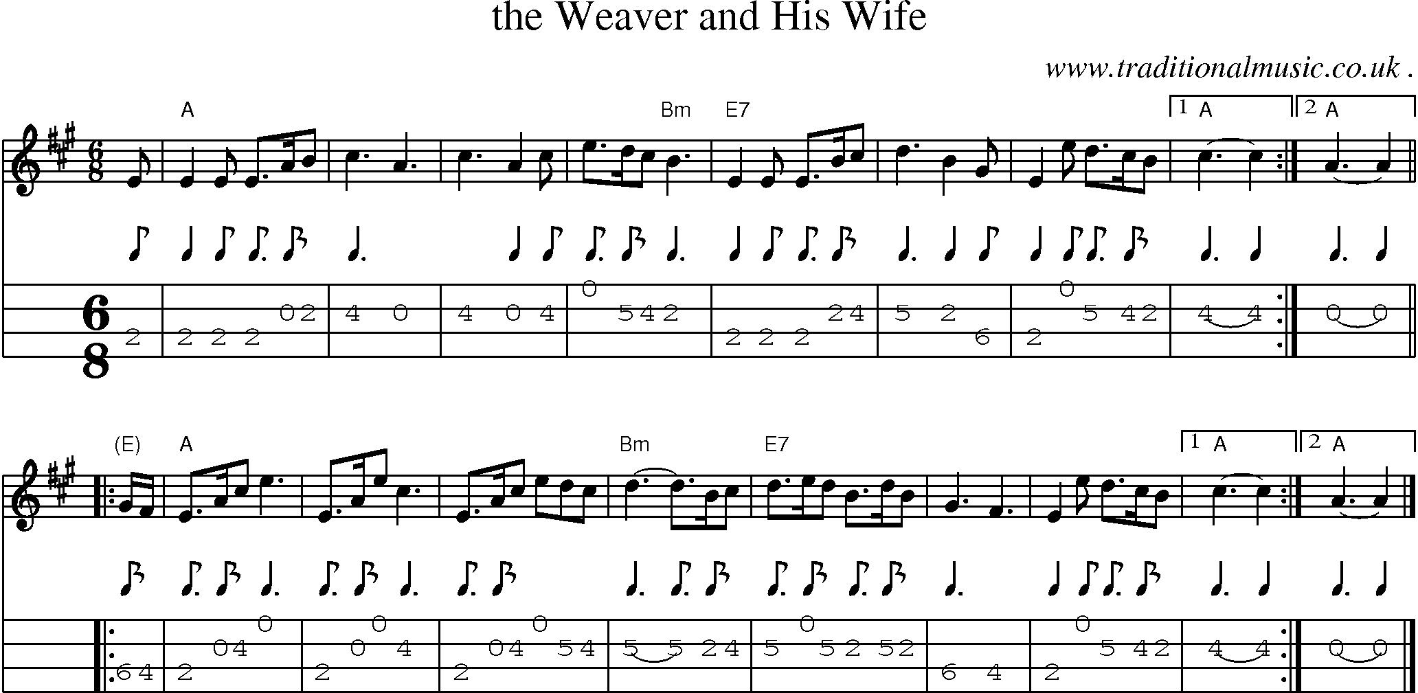 Sheet-music  score, Chords and Mandolin Tabs for The Weaver And His Wife