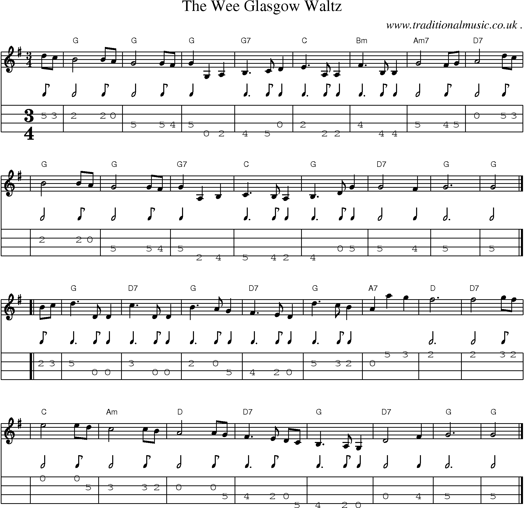 Sheet-music  score, Chords and Mandolin Tabs for The Wee Glasgow Waltz
