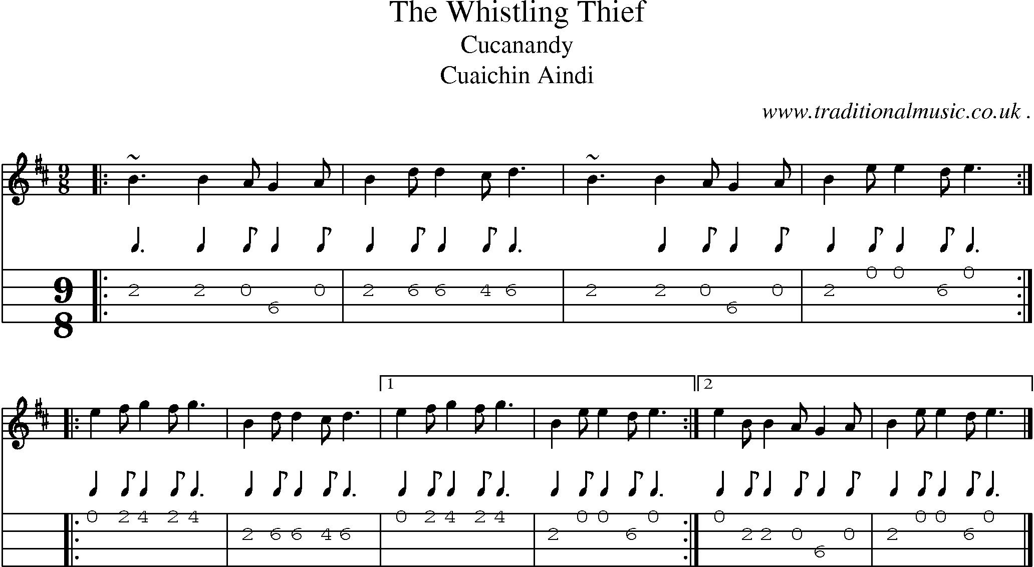 Sheet-music  score, Chords and Mandolin Tabs for The Whistling Thief