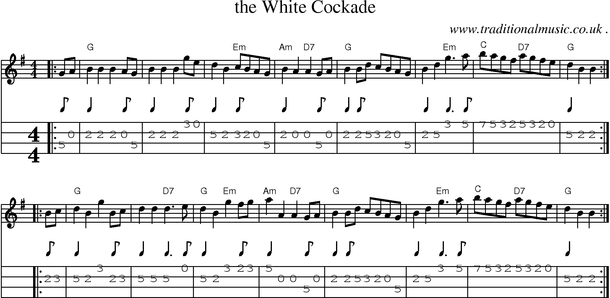 Sheet-music  score, Chords and Mandolin Tabs for The White Cockade