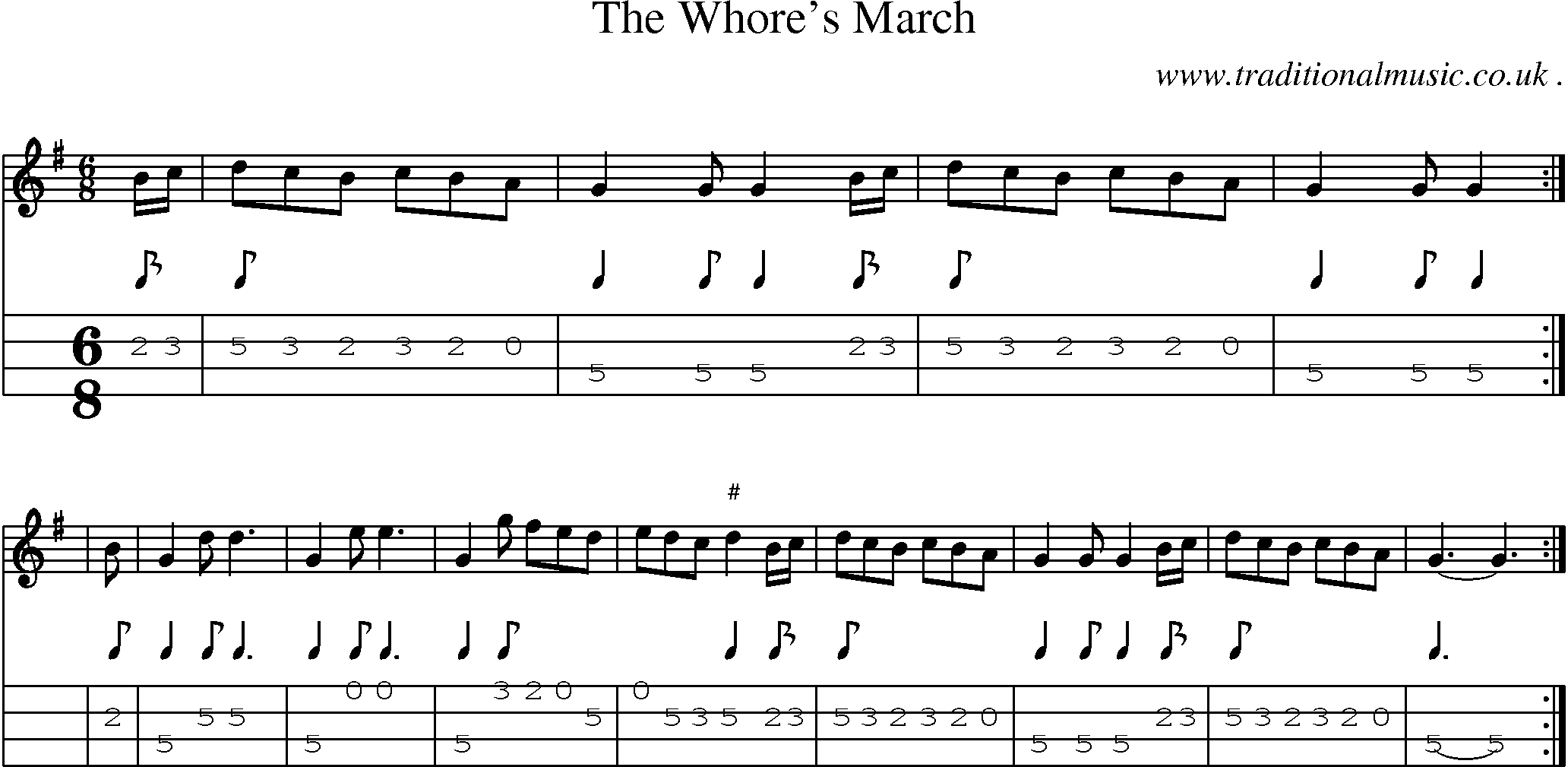 Sheet-music  score, Chords and Mandolin Tabs for The Whores March