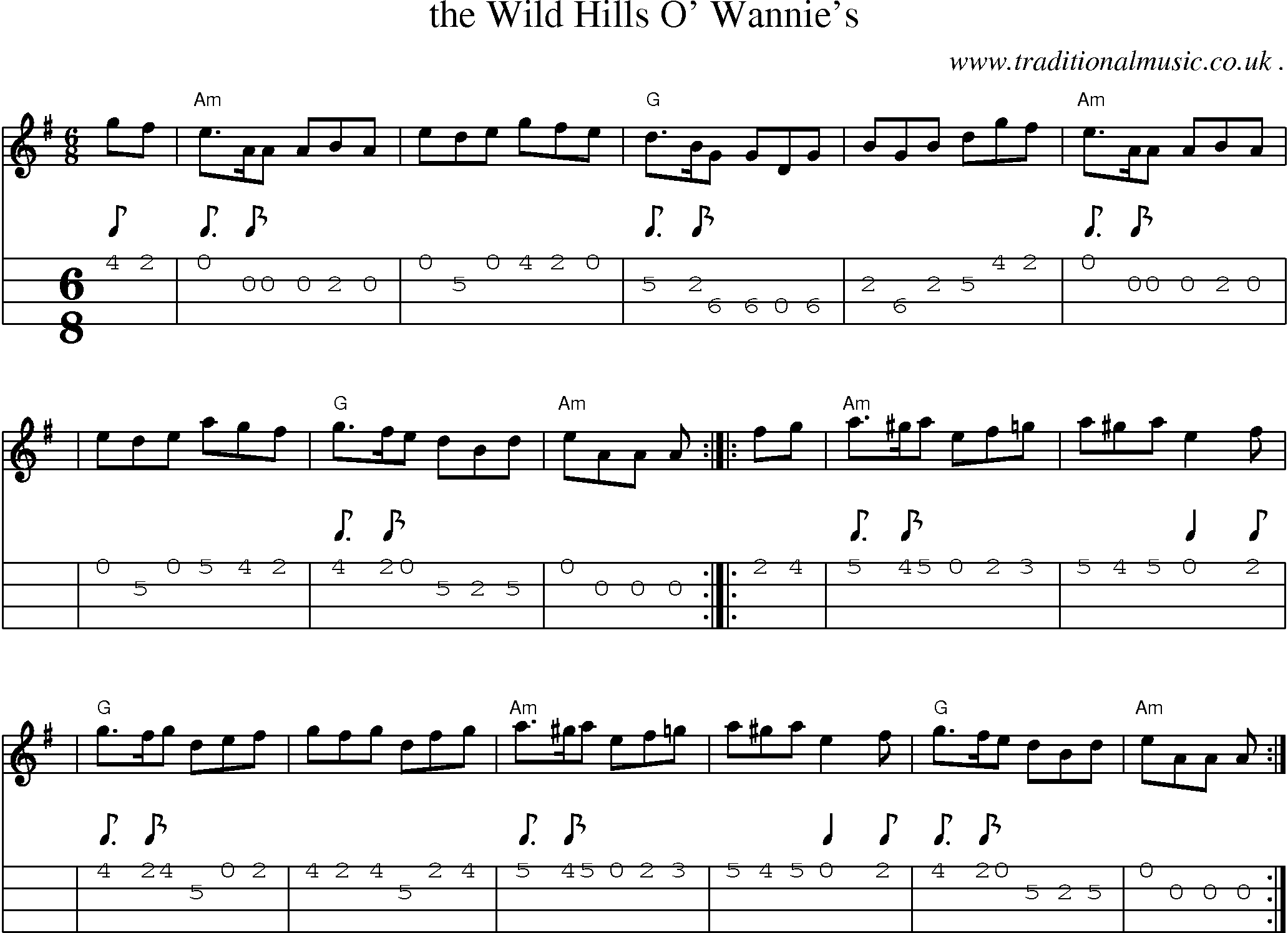 Sheet-music  score, Chords and Mandolin Tabs for The Wild Hills O Wannies