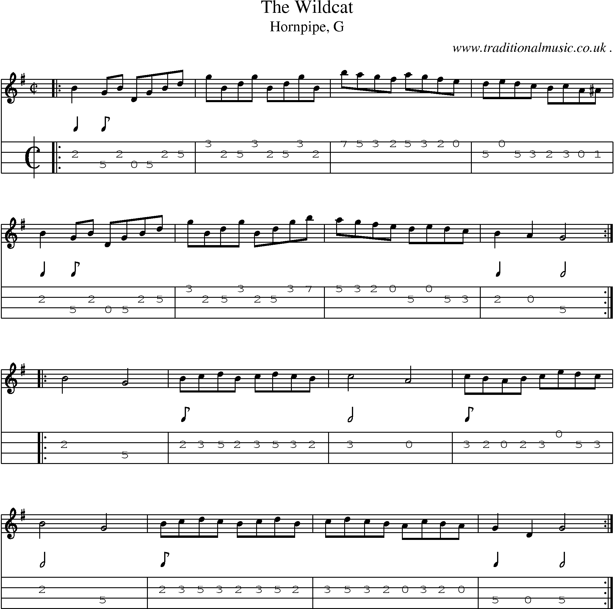 Sheet-music  score, Chords and Mandolin Tabs for The Wildcat