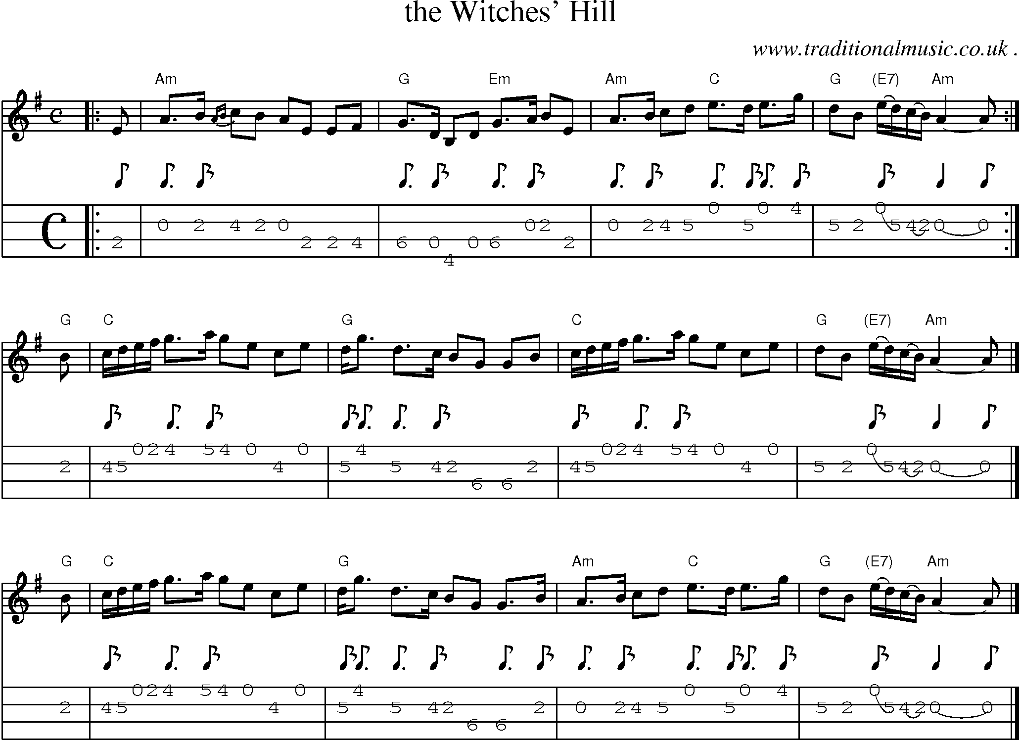 Sheet-music  score, Chords and Mandolin Tabs for The Witches Hill