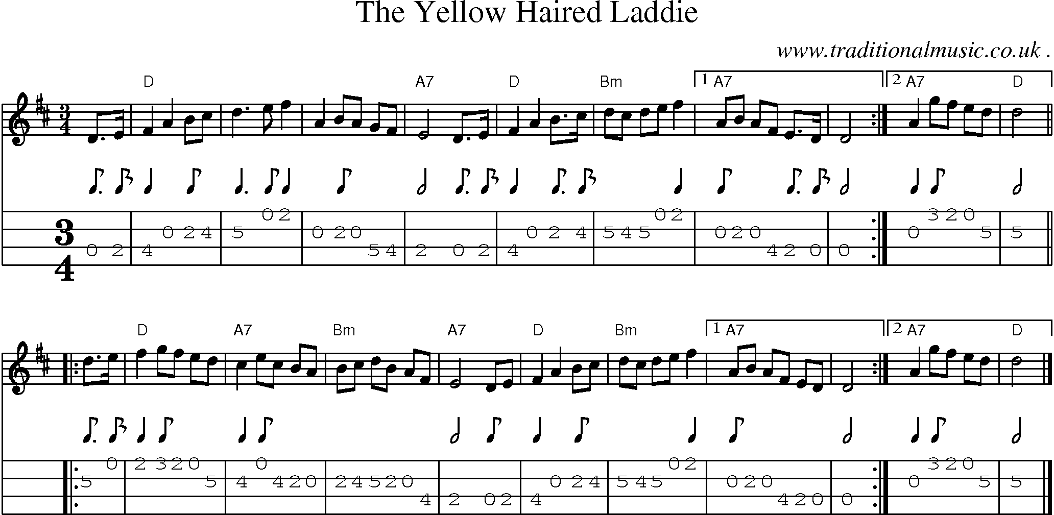 Sheet-music  score, Chords and Mandolin Tabs for The Yellow Haired Laddie
