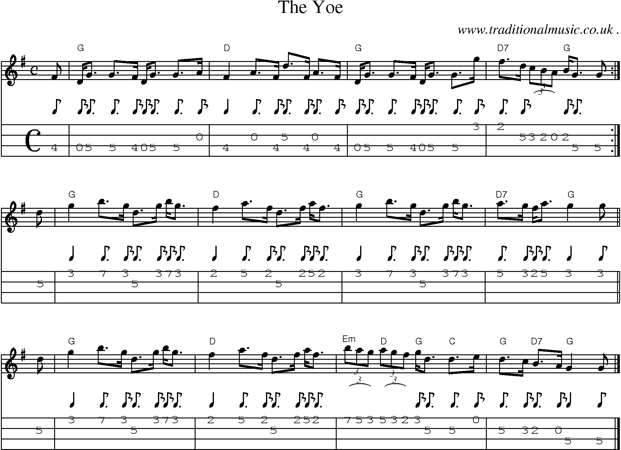 Sheet-music  score, Chords and Mandolin Tabs for The Yoe