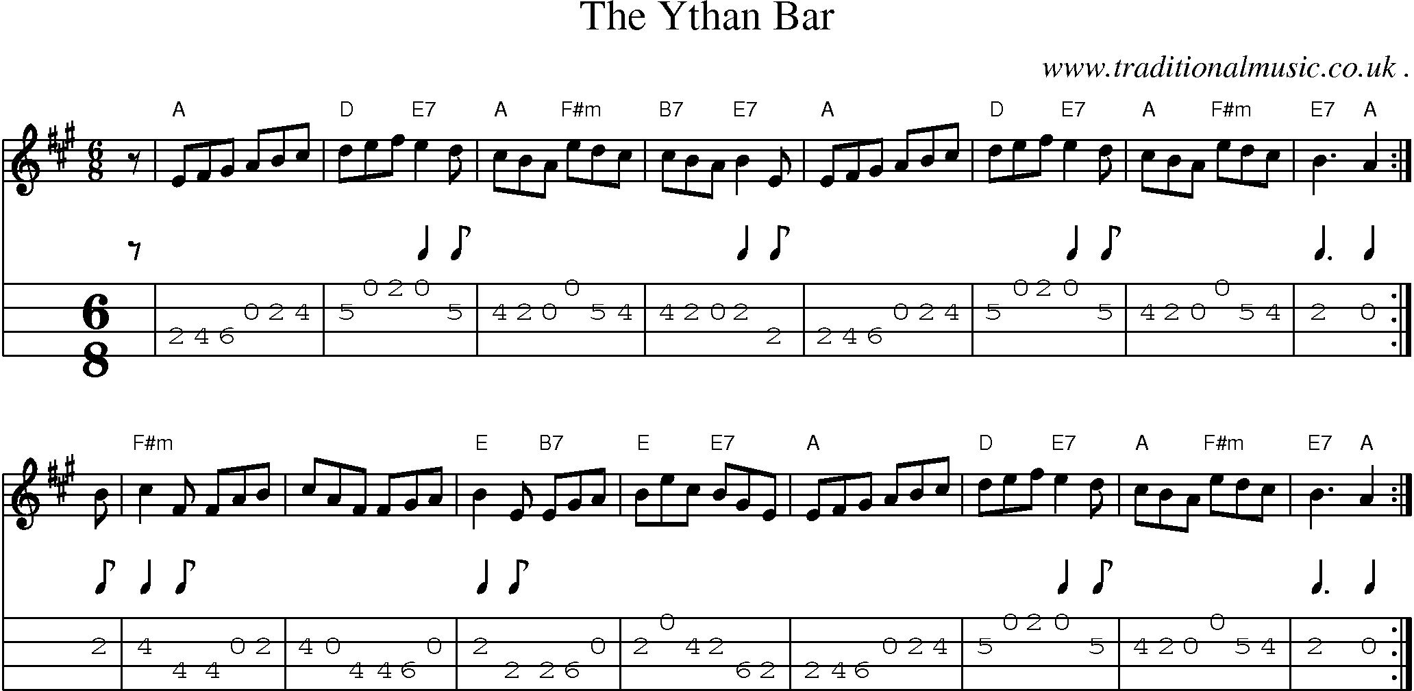 Sheet-music  score, Chords and Mandolin Tabs for The Ythan Bar