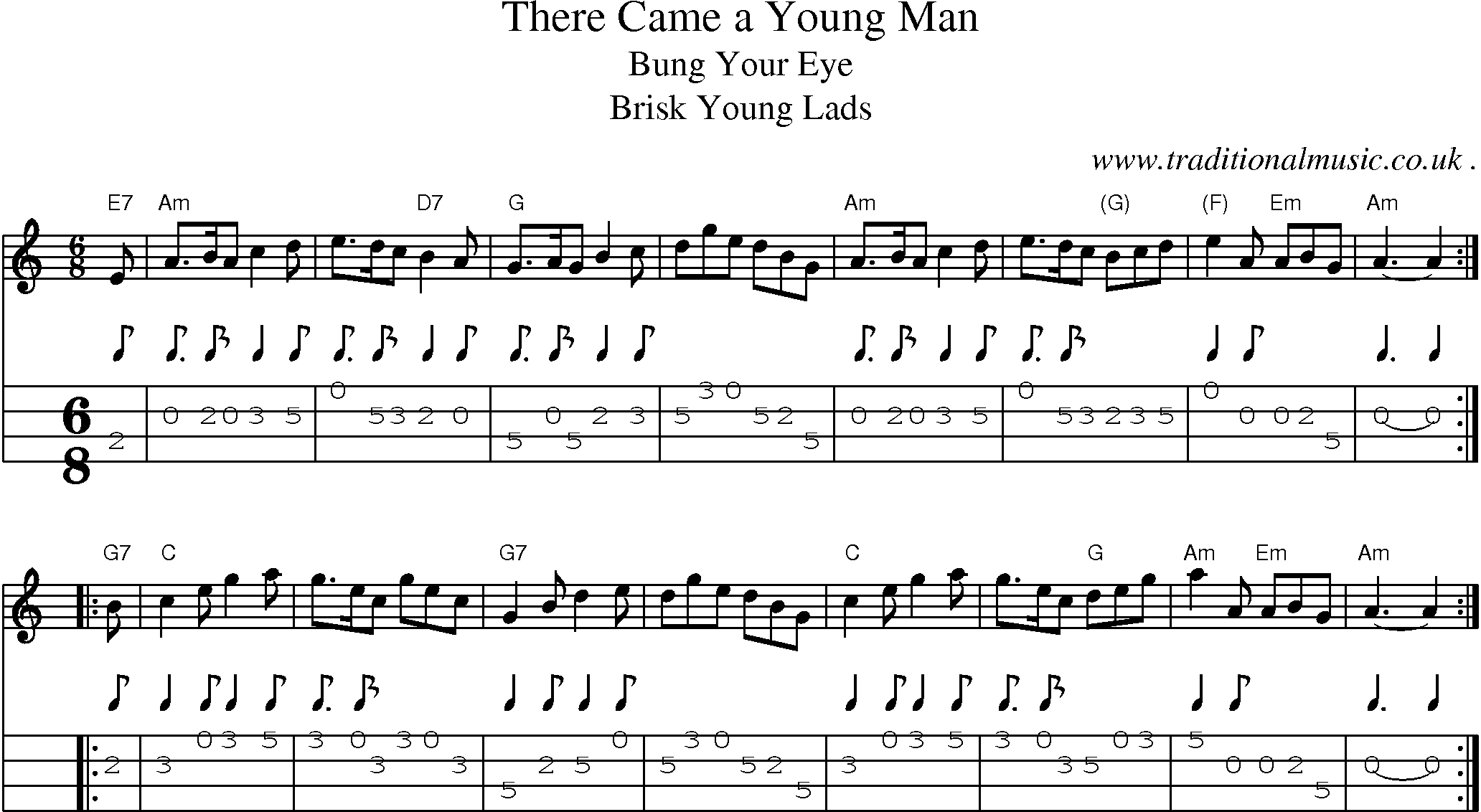 Sheet-music  score, Chords and Mandolin Tabs for There Came A Young Man