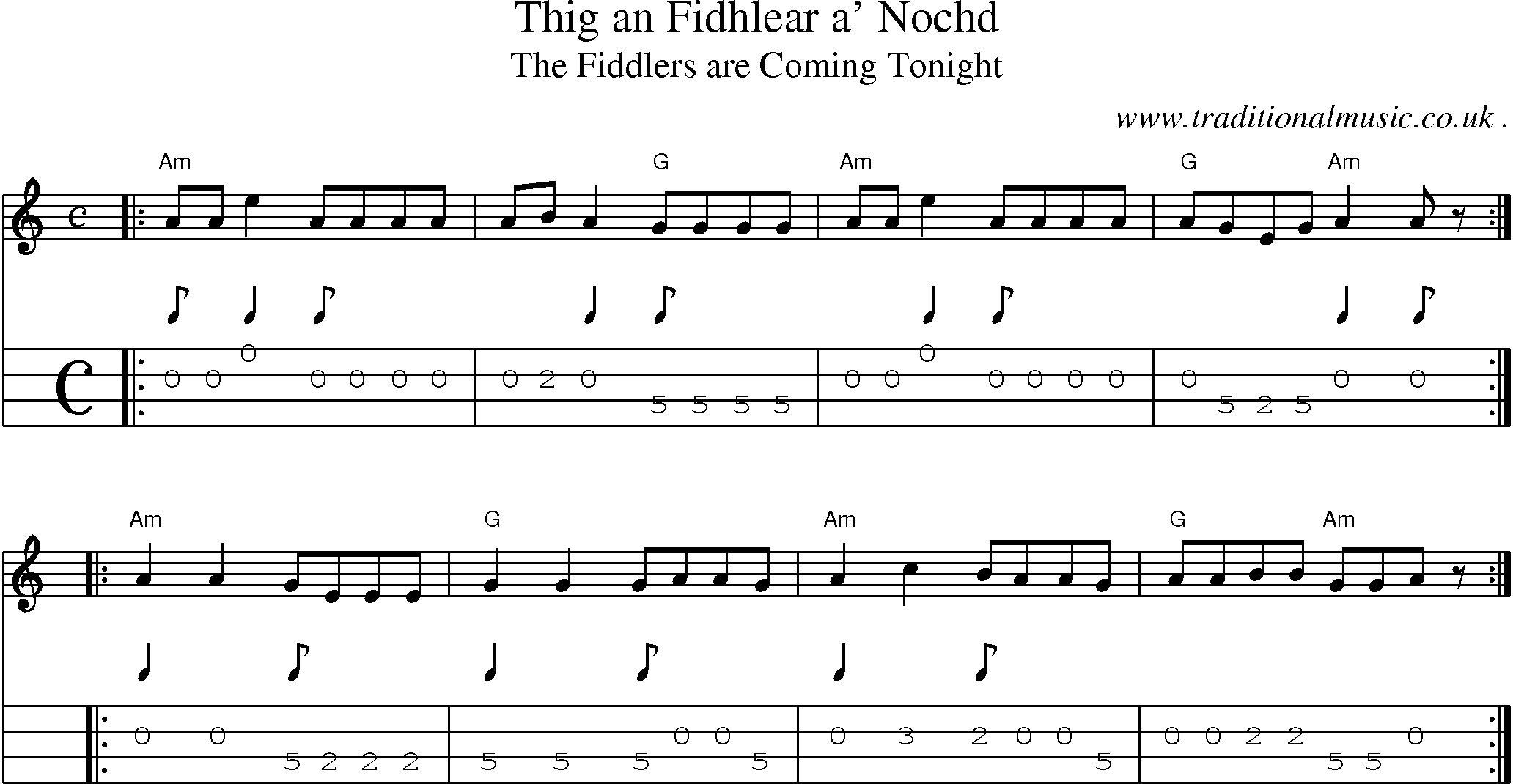 Sheet-music  score, Chords and Mandolin Tabs for Thig An Fidhlear A Nochd
