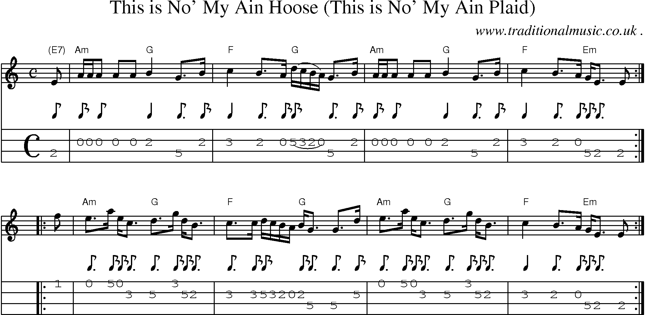 Sheet-music  score, Chords and Mandolin Tabs for This Is No My Ain Hoose This Is No My Ain Plaid