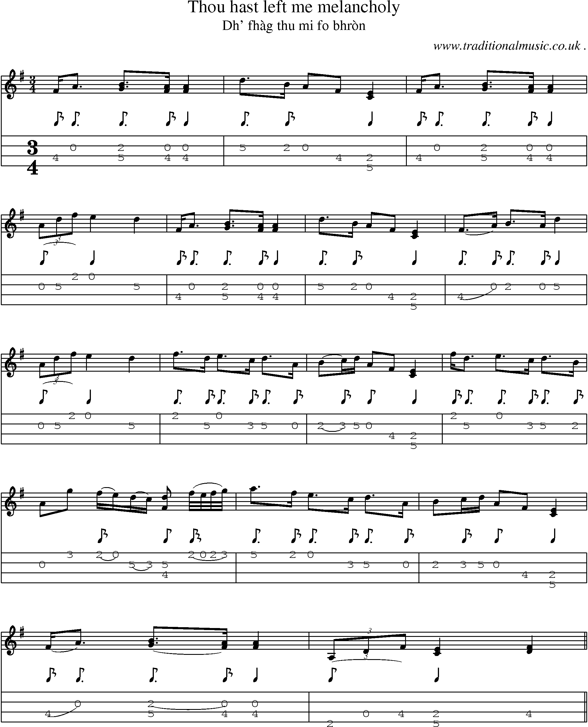 Sheet-music  score, Chords and Mandolin Tabs for Thou Hast Left Me Melancholy