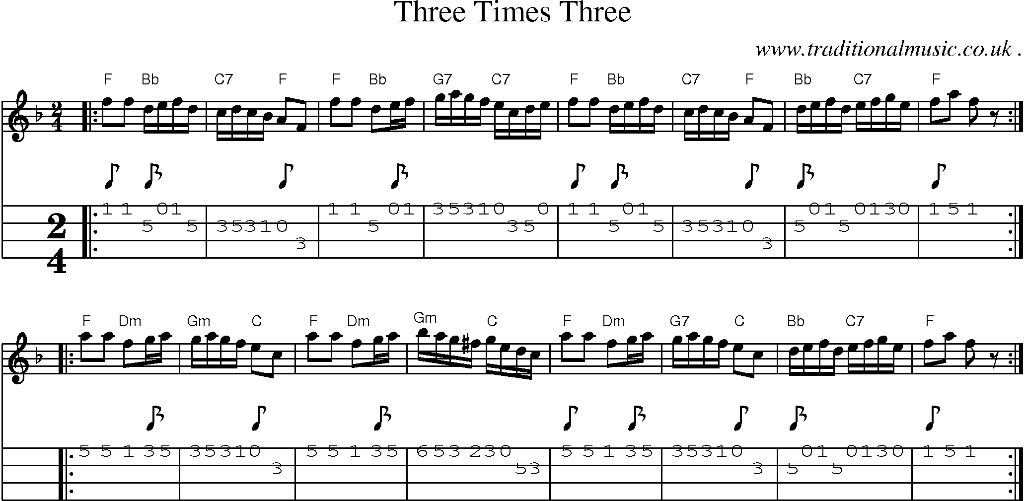 Sheet-music  score, Chords and Mandolin Tabs for Three Times Three