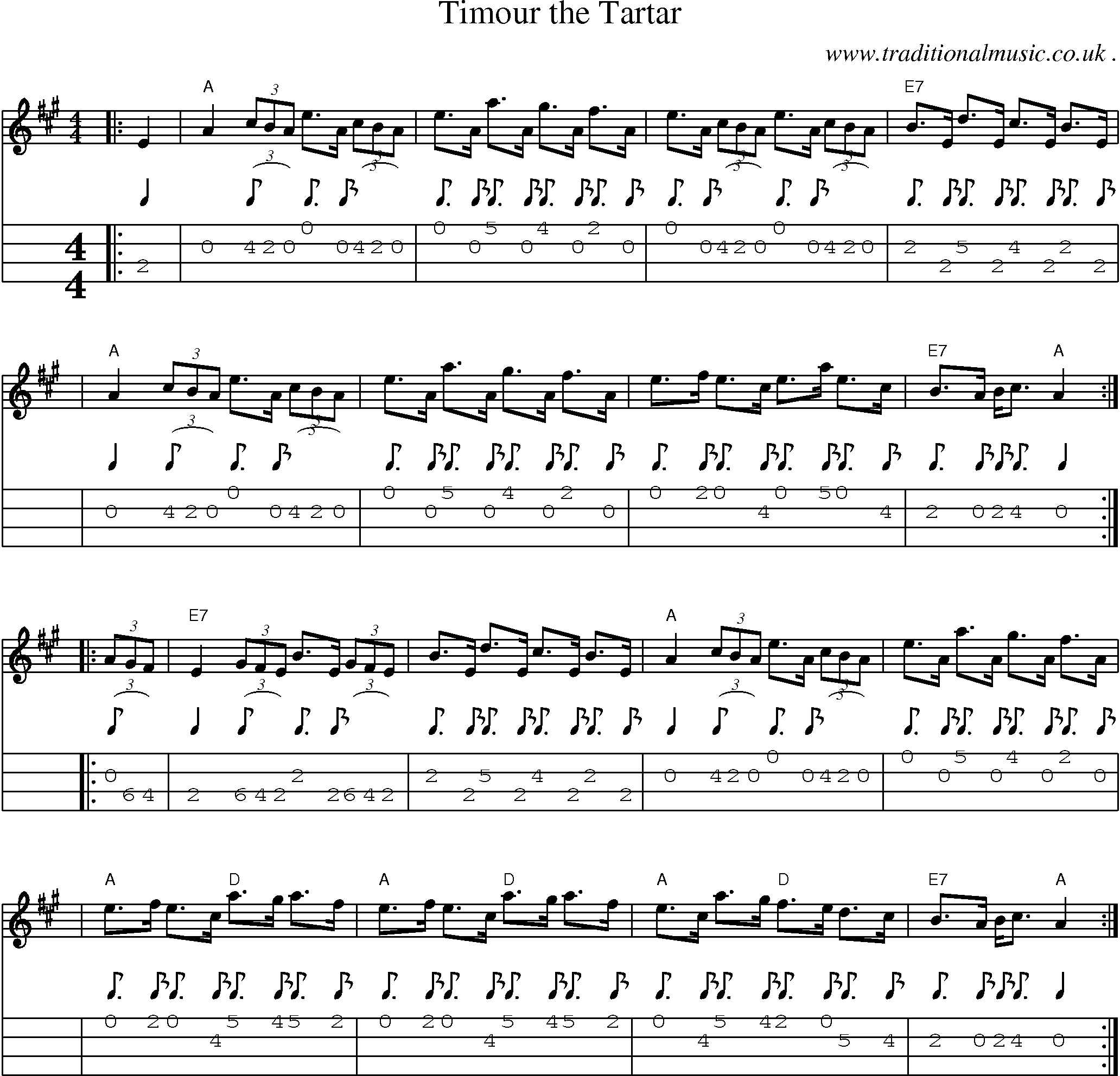 Sheet-music  score, Chords and Mandolin Tabs for Timour The Tartar