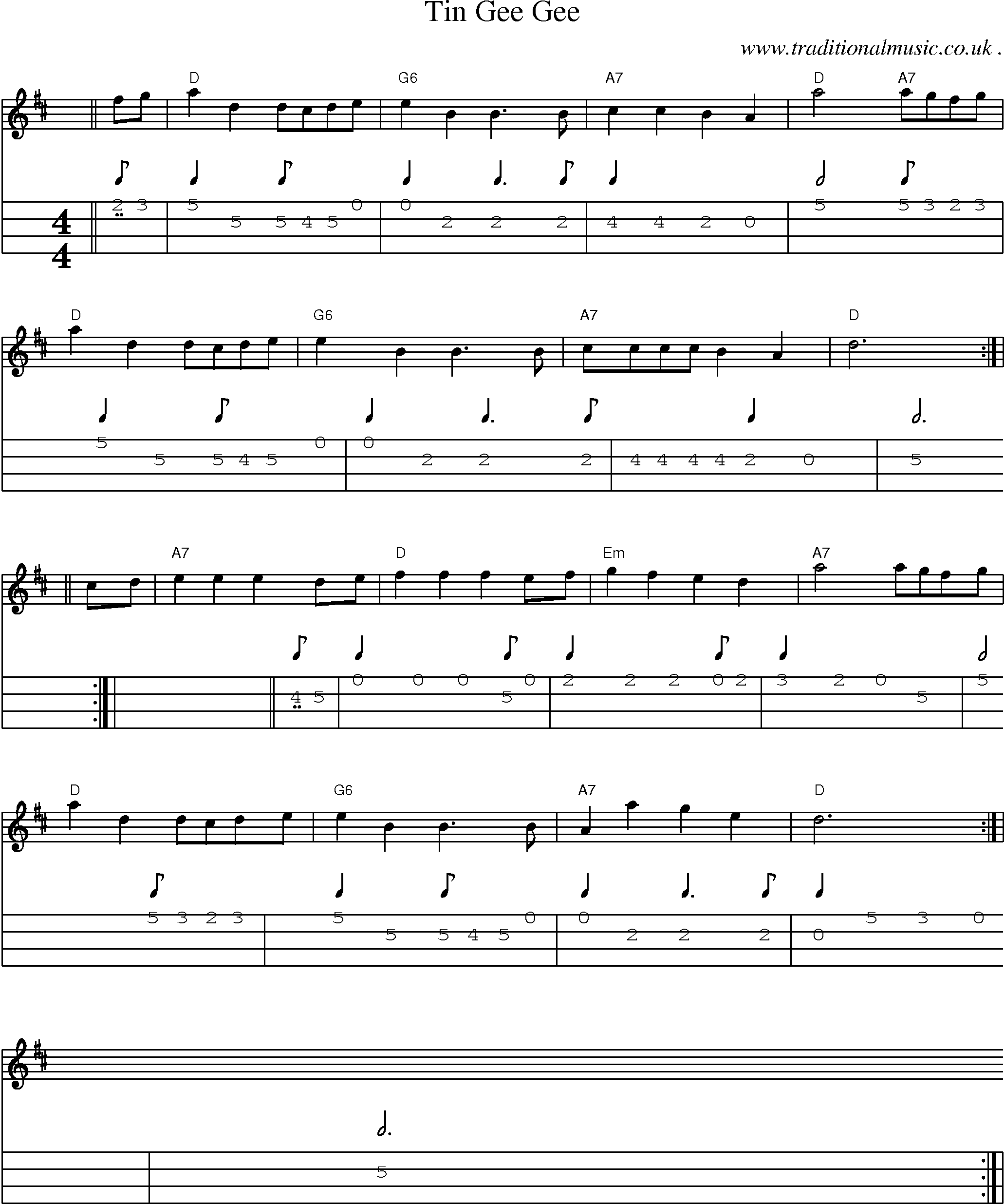 Sheet-music  score, Chords and Mandolin Tabs for Tin Gee Gee