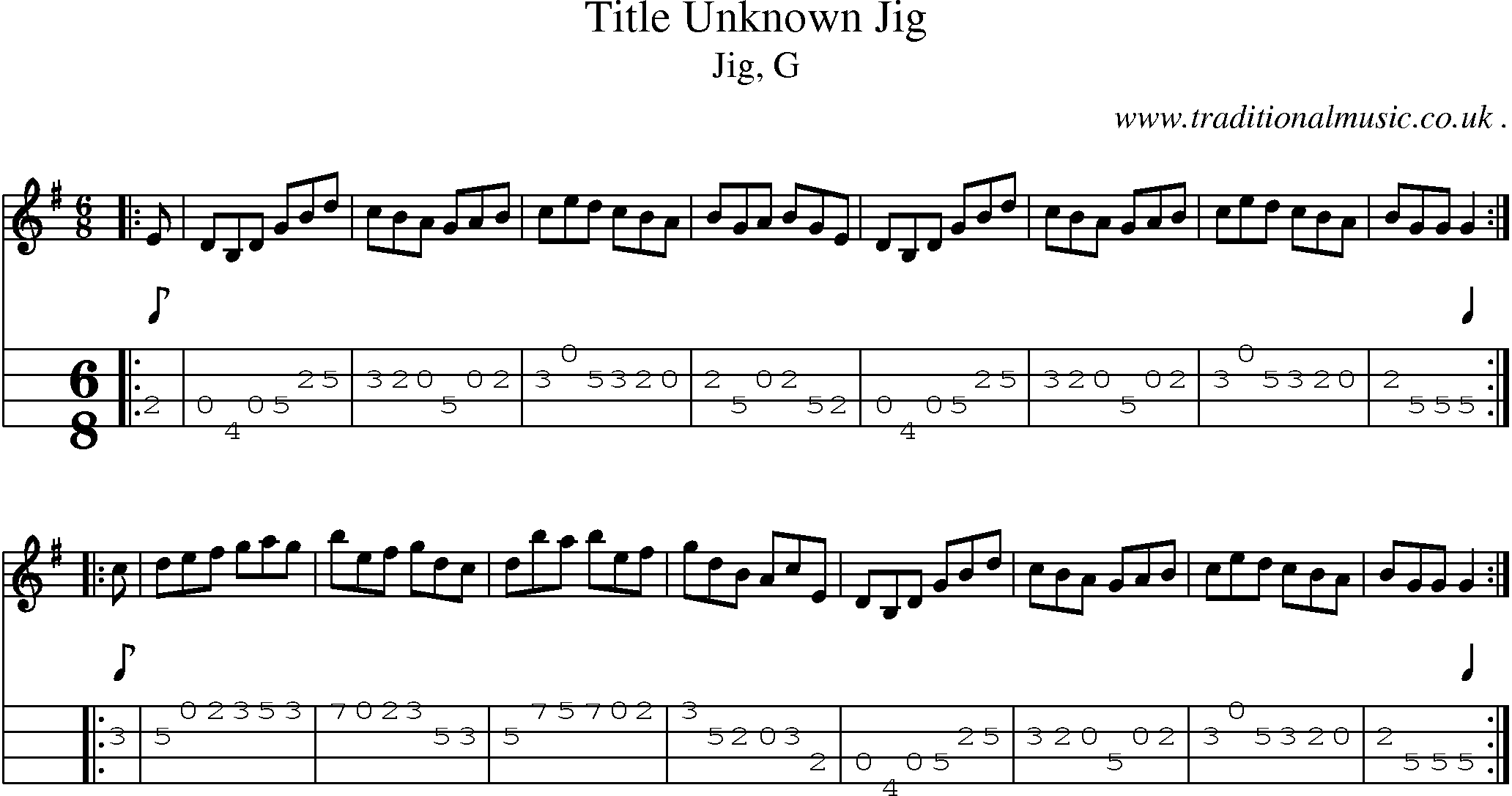 Sheet-music  score, Chords and Mandolin Tabs for Title Unknown Jig