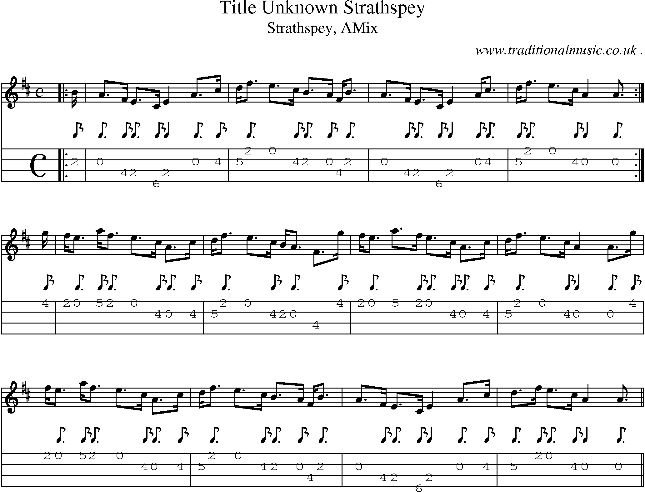 Sheet-music  score, Chords and Mandolin Tabs for Title Unknown Strathspey