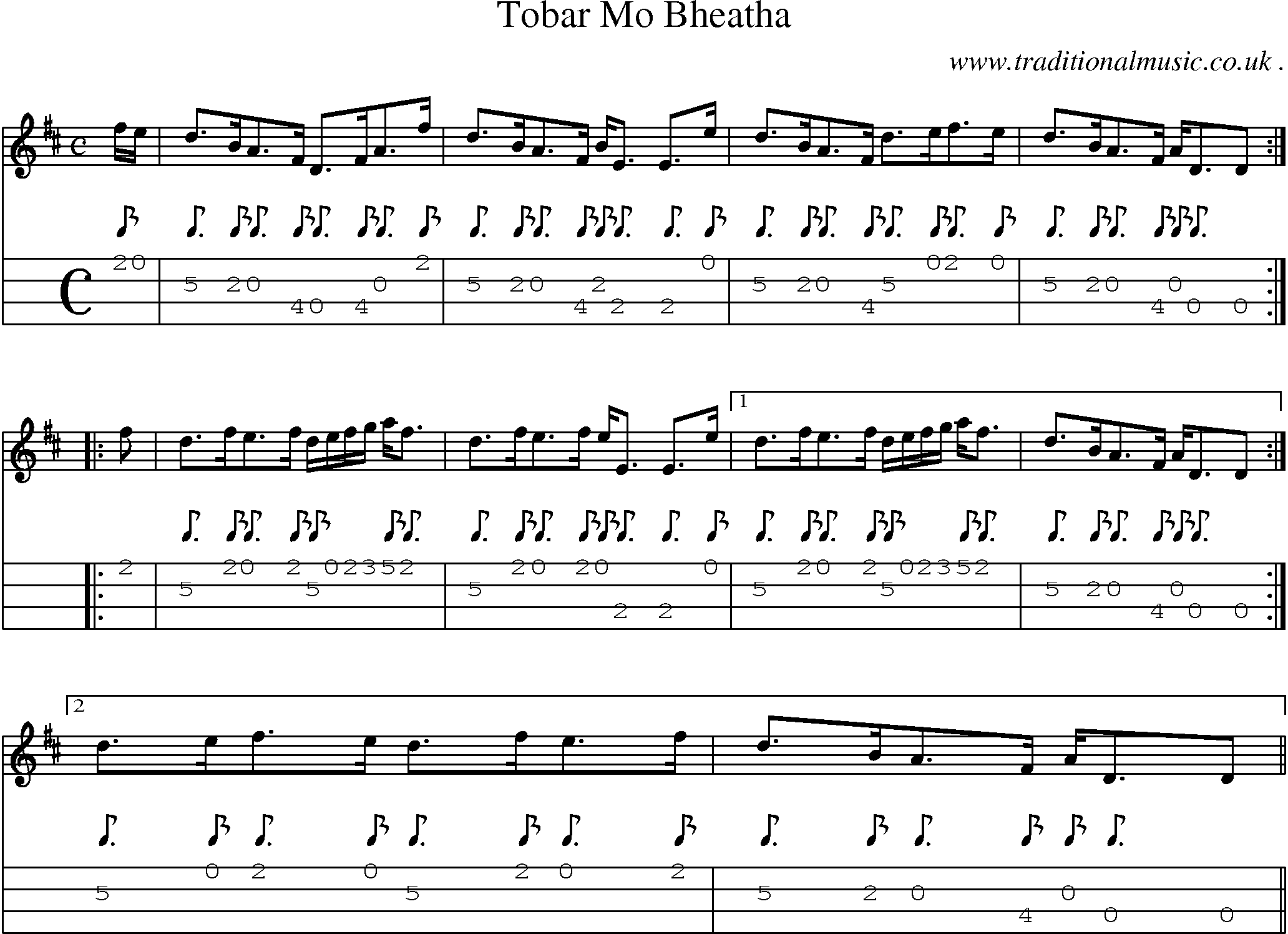 Sheet-music  score, Chords and Mandolin Tabs for Tobar Mo Bheatha