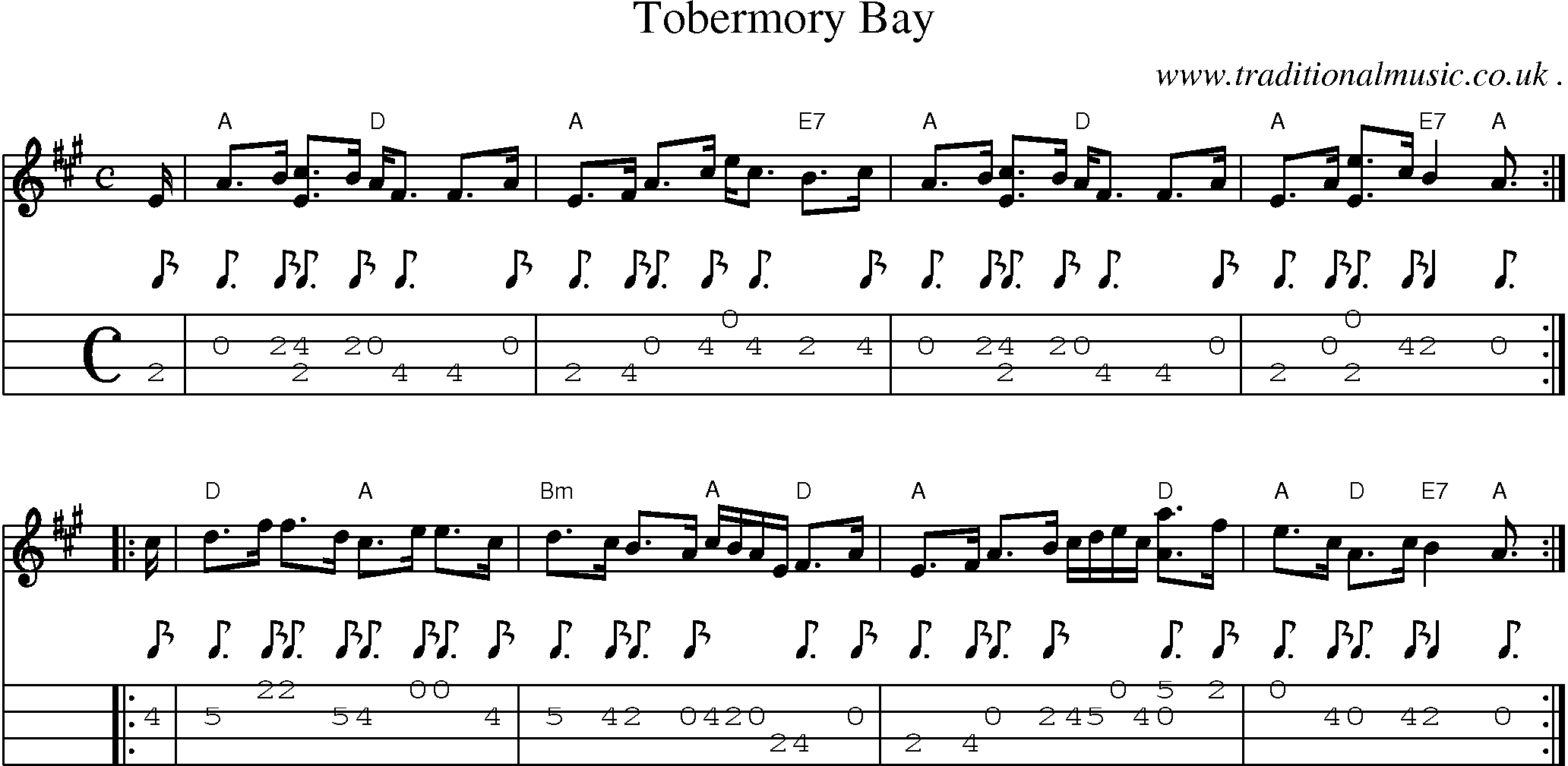 Sheet-music  score, Chords and Mandolin Tabs for Tobermory Bay