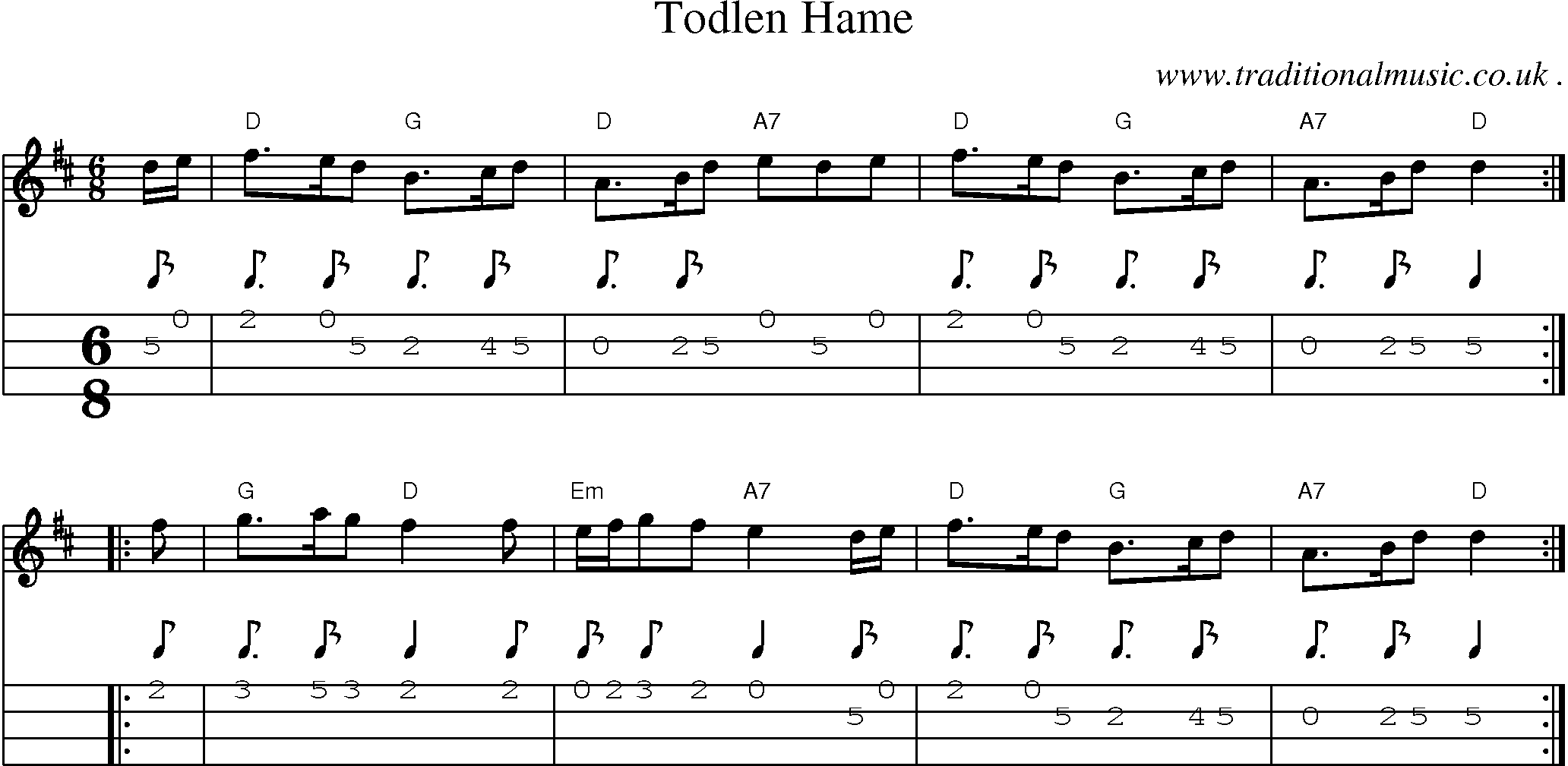 Sheet-music  score, Chords and Mandolin Tabs for Todlen Hame
