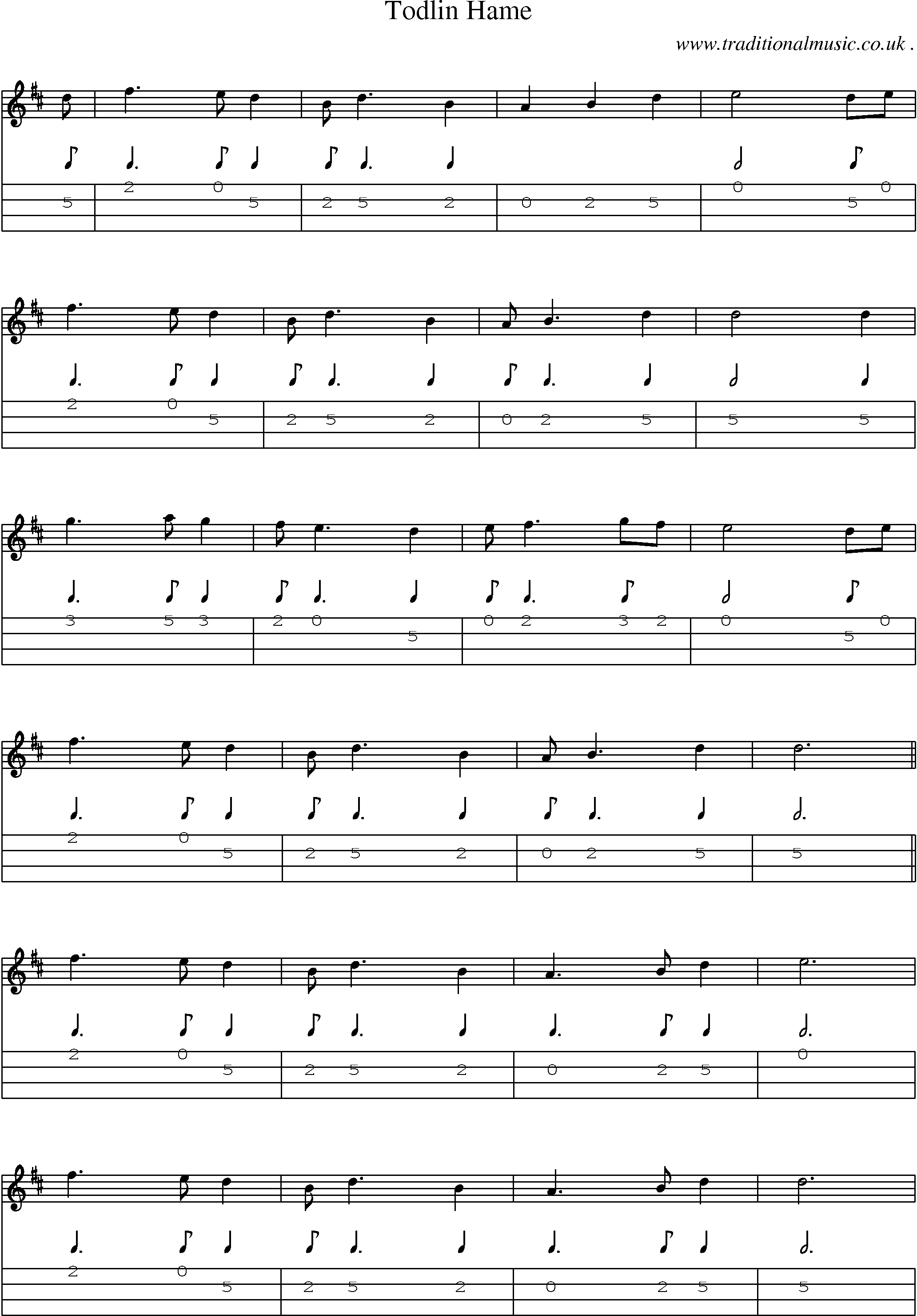 Sheet-music  score, Chords and Mandolin Tabs for Todlin Hame