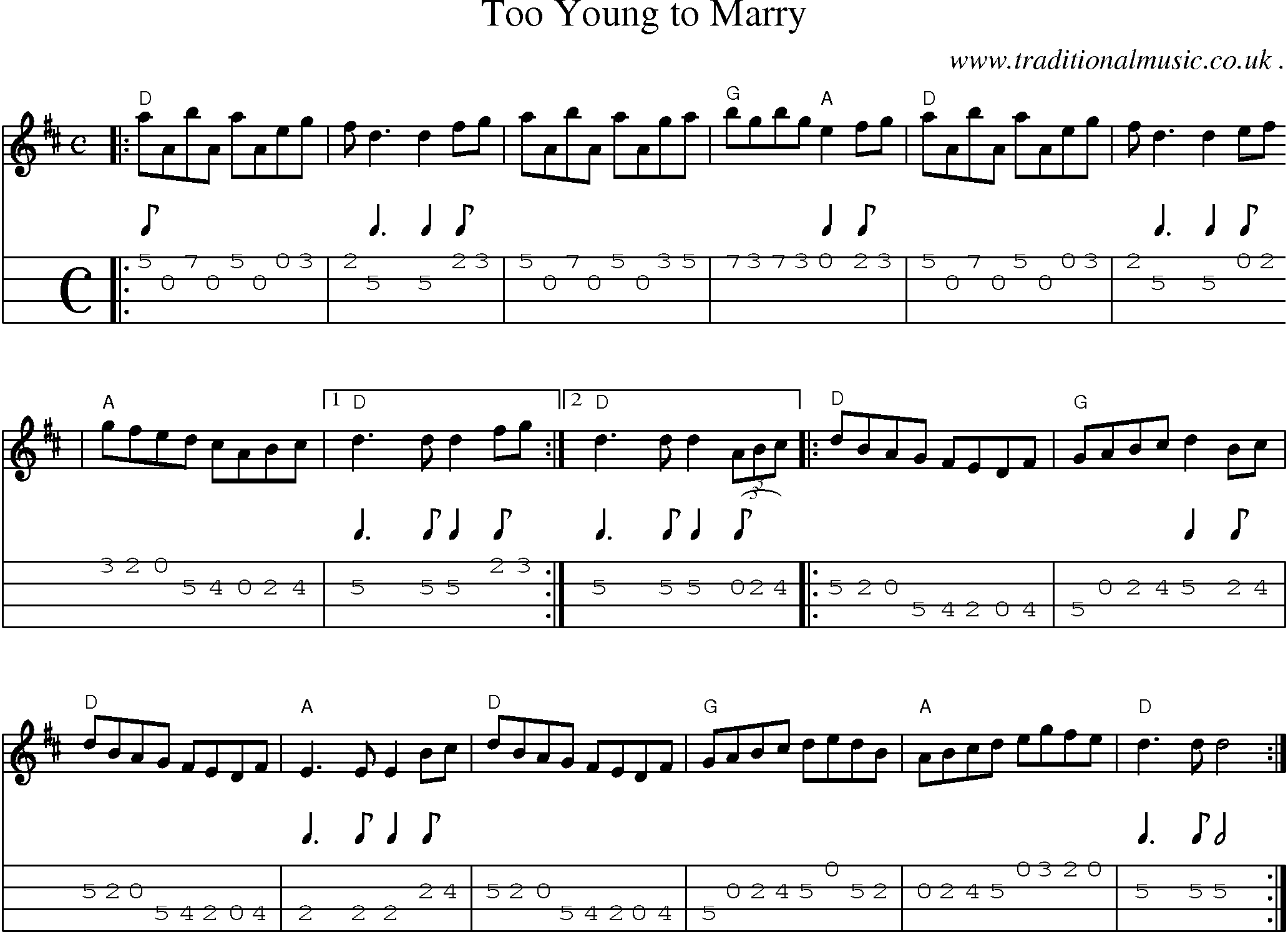 Sheet-music  score, Chords and Mandolin Tabs for Too Young To Marry
