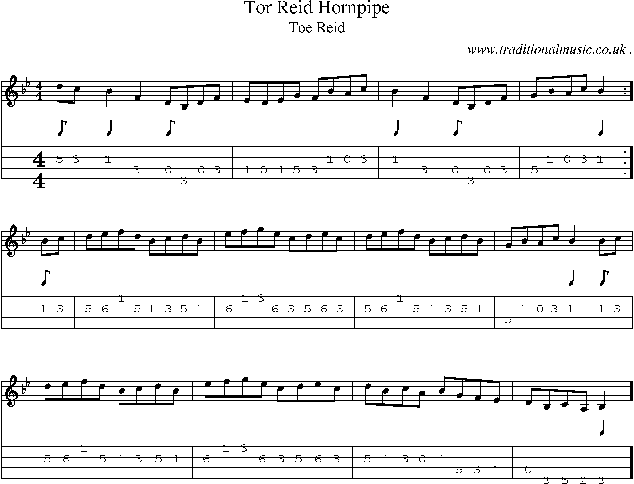 Sheet-music  score, Chords and Mandolin Tabs for Tor Reid Hornpipe