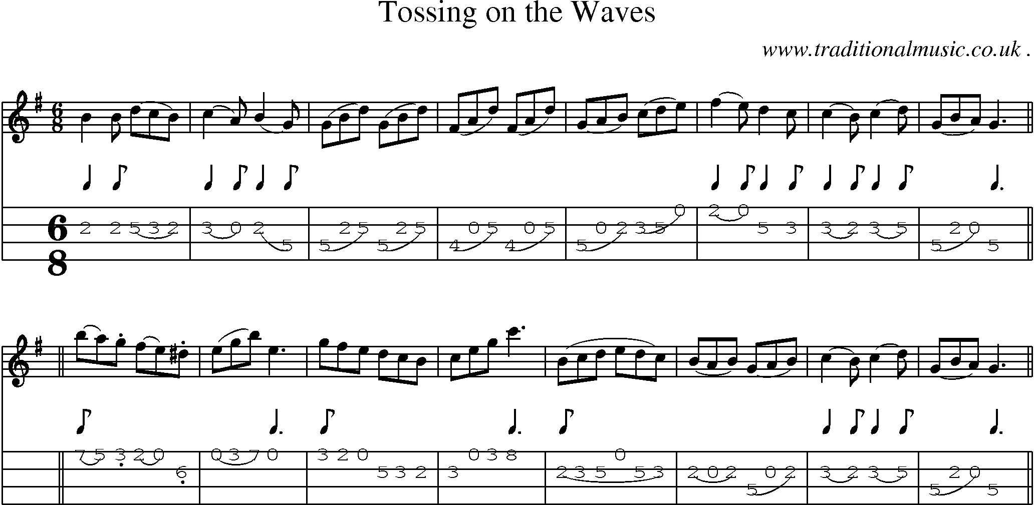 Sheet-music  score, Chords and Mandolin Tabs for Tossing On The Waves