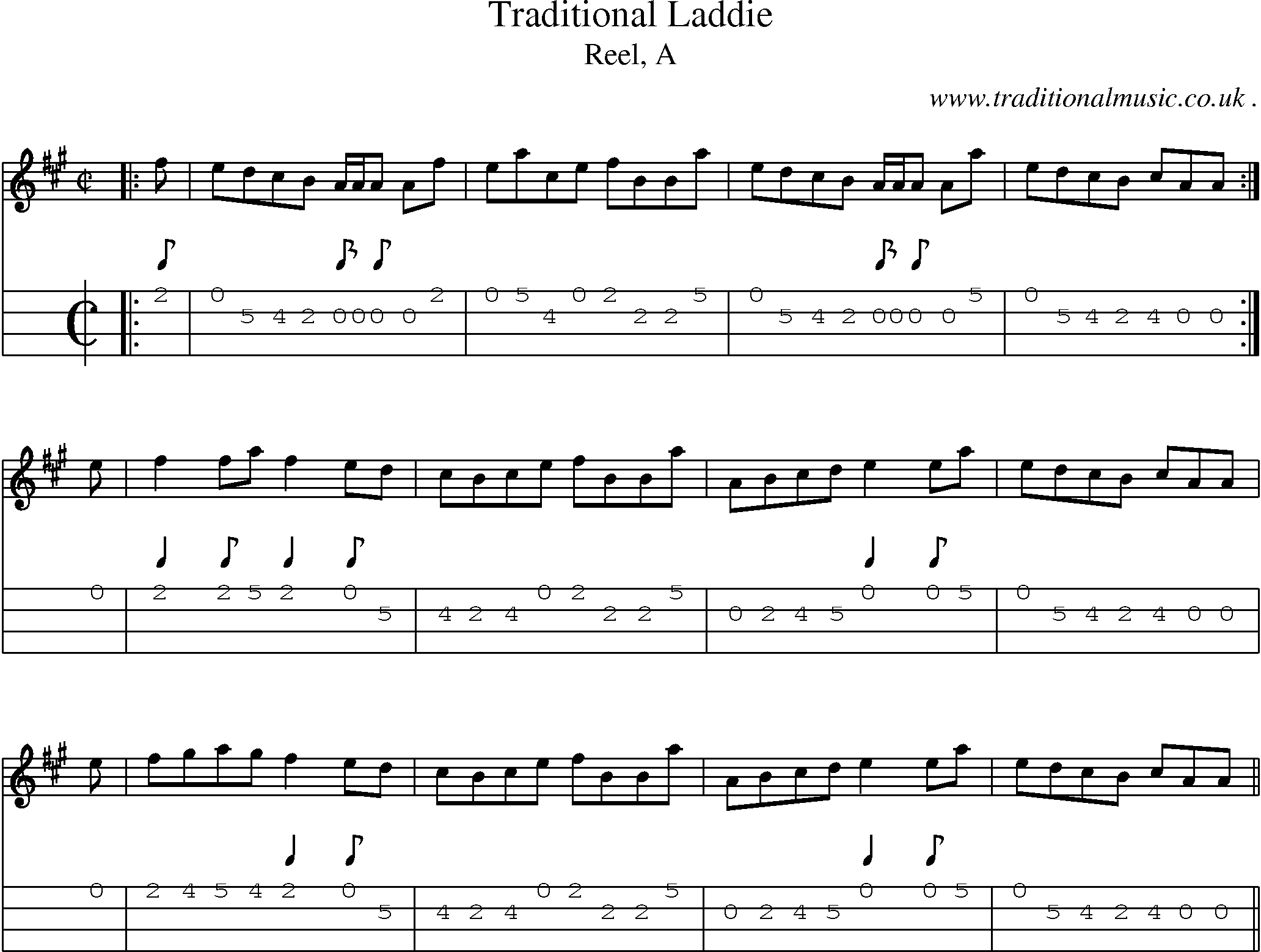 Sheet-music  score, Chords and Mandolin Tabs for Traditional Laddie